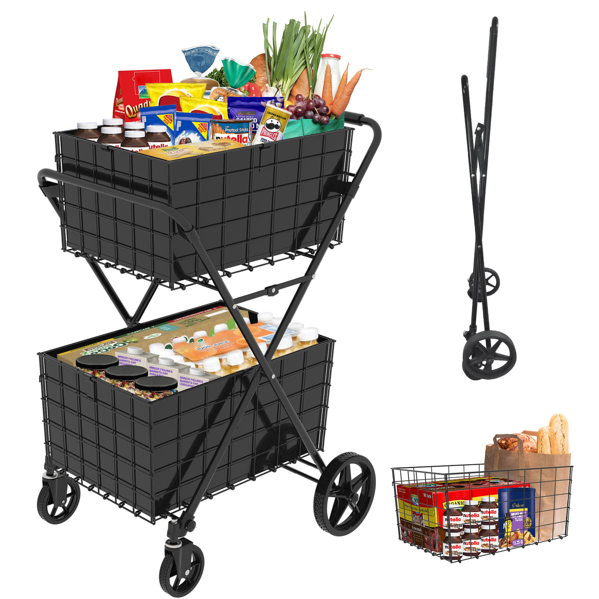 Jumbo Shopping Cart, 2-Layer, Foldable with 360° Wheels