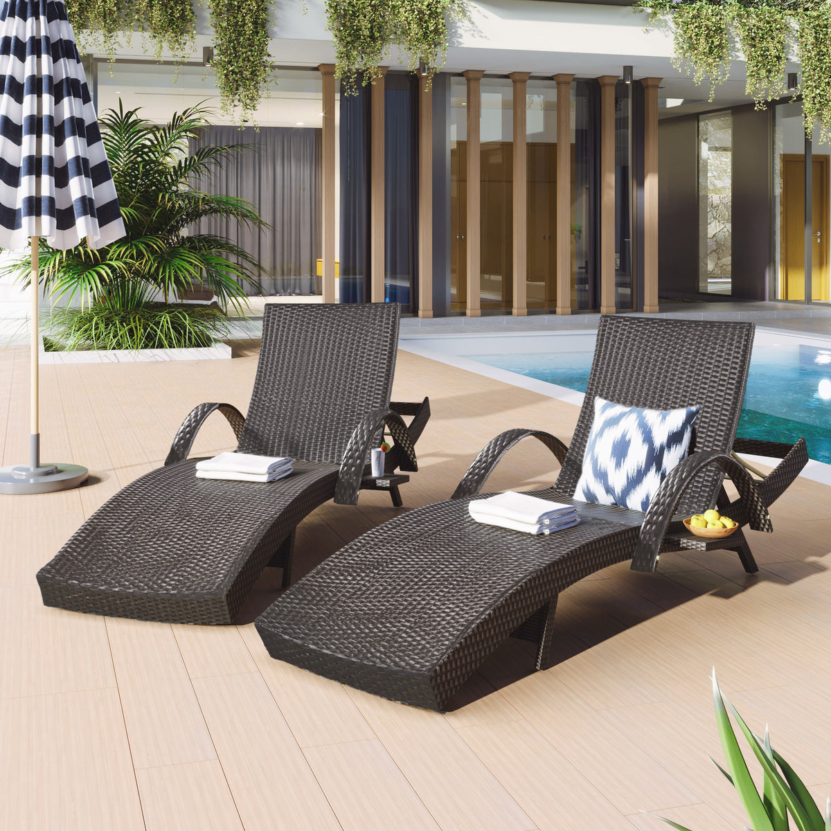 Dark Brown Patio Rattan Reclining Chair Pull-out Side Table w/ 5 -