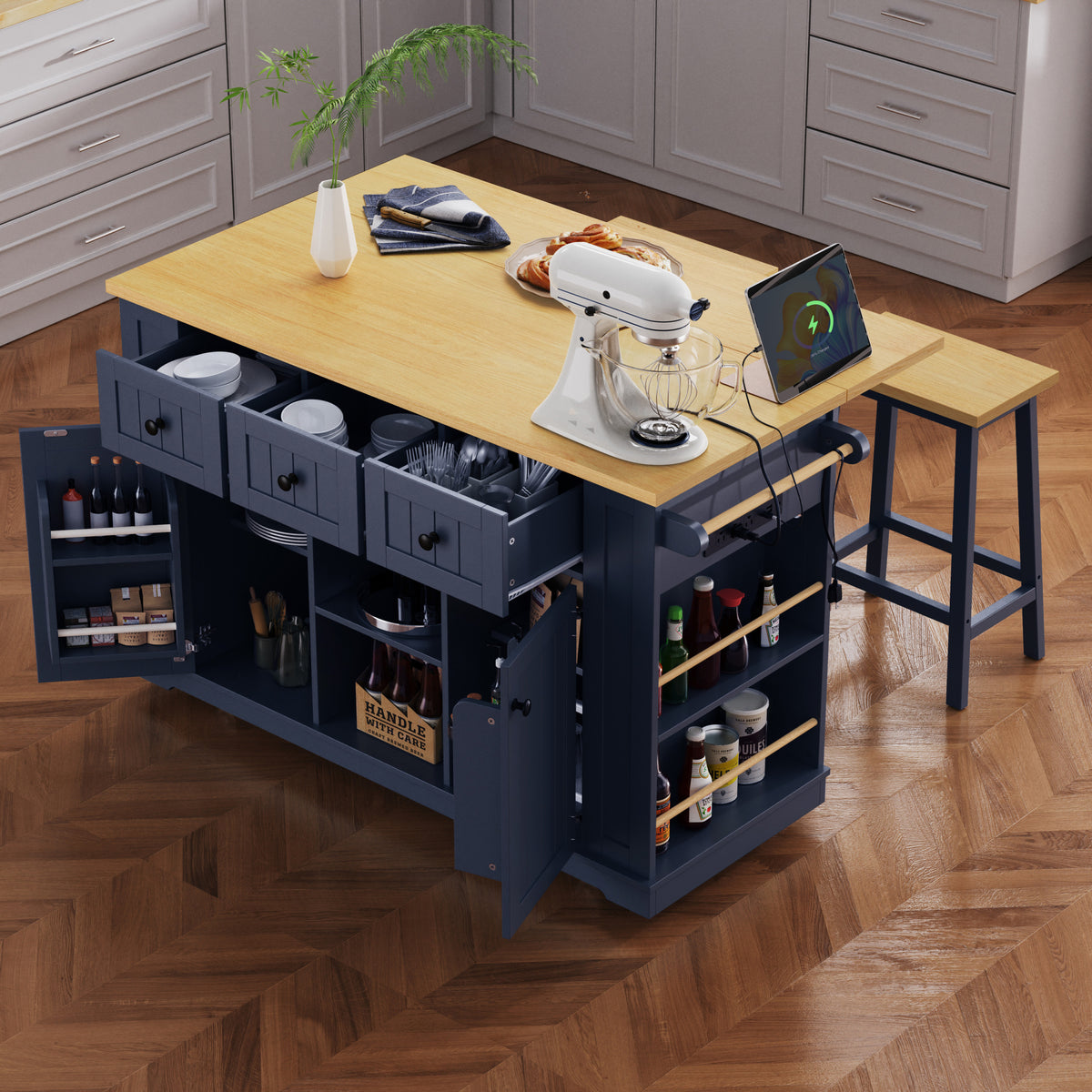 Navy Blue K&K 53inch Large Kitchen Island with Drop Leaf