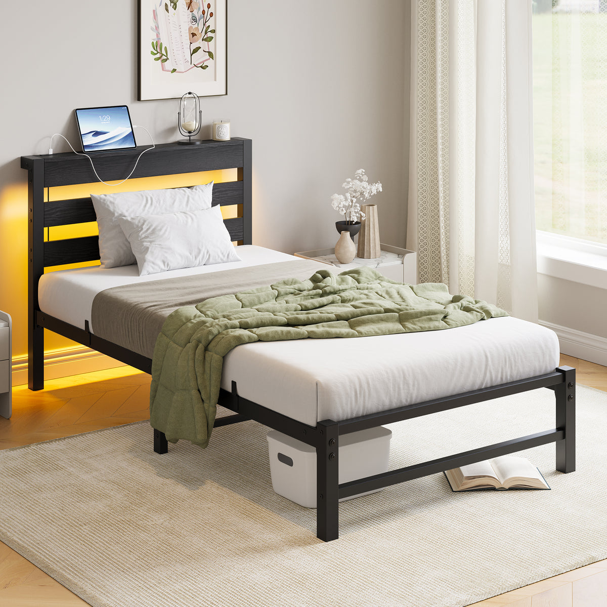 Black Twin Size Bed Frame Heavy Duty Platform Bed Frame with Headboard