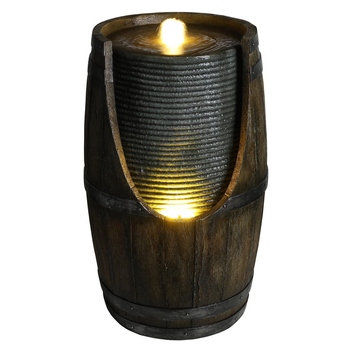 Grayish Green Rustic Barrel Water Fountain with LED Light