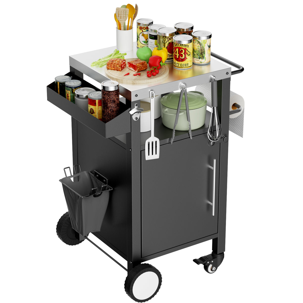 Black+Silver Outdoor Grill Cart with Patio Furniture