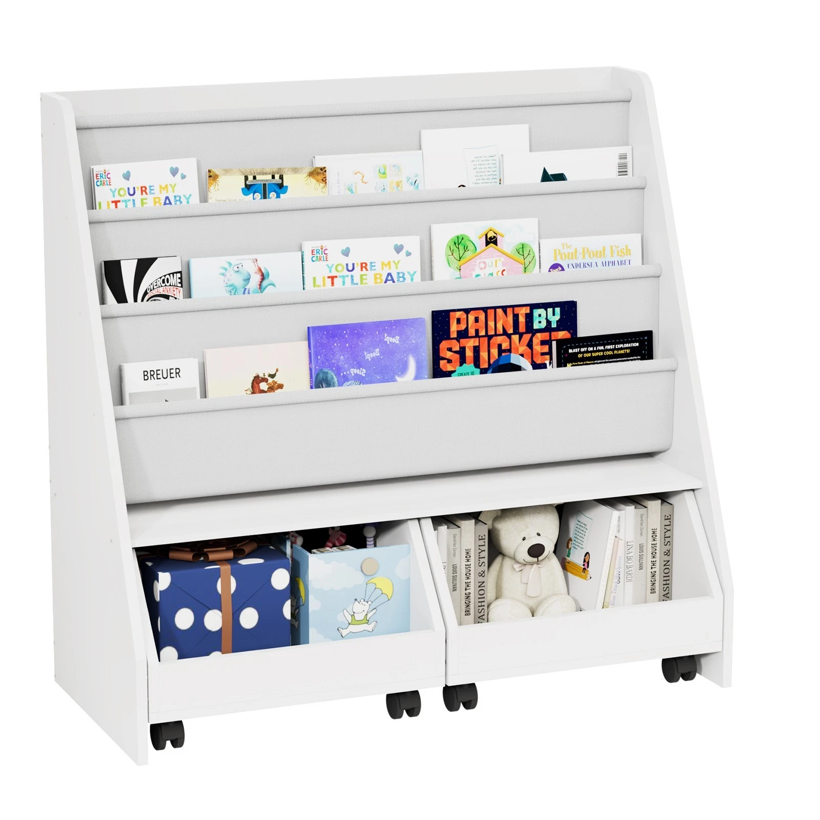 Montessori Kids Bookshelf with 4 Tier Front Display Sling Pockets & 2 Rolling-white