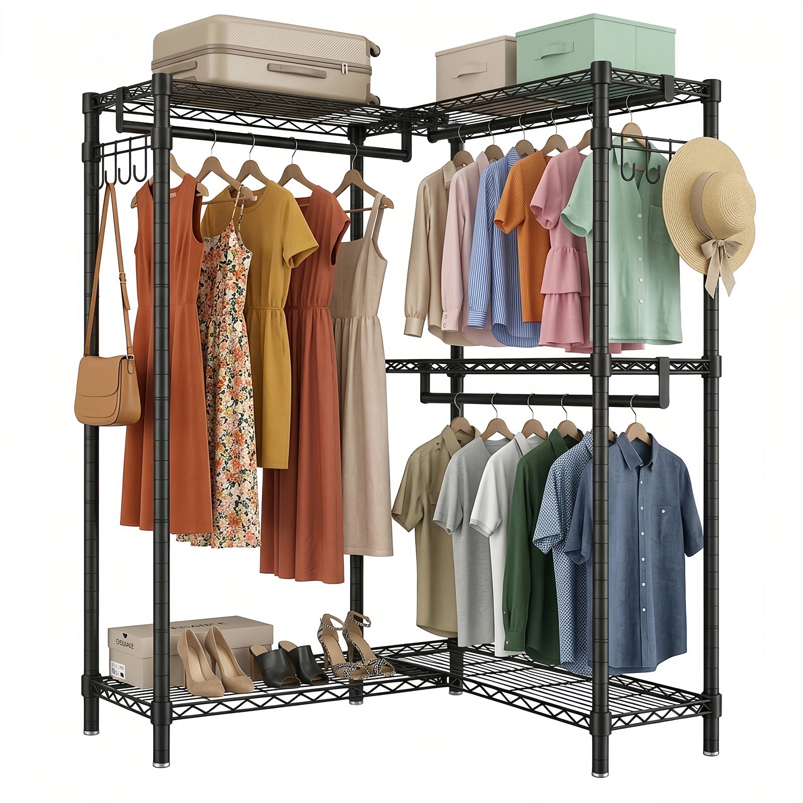 Garment Rack L Shaped Clothes Rack for Corner, Heavy Duty Clothes Rack with 3 Hanging Rods & 2 Side Hooks, Freestanding Clothing Racks for Hanging Clothes, 58.27''Wx 17.13''D*76.38''H, Black