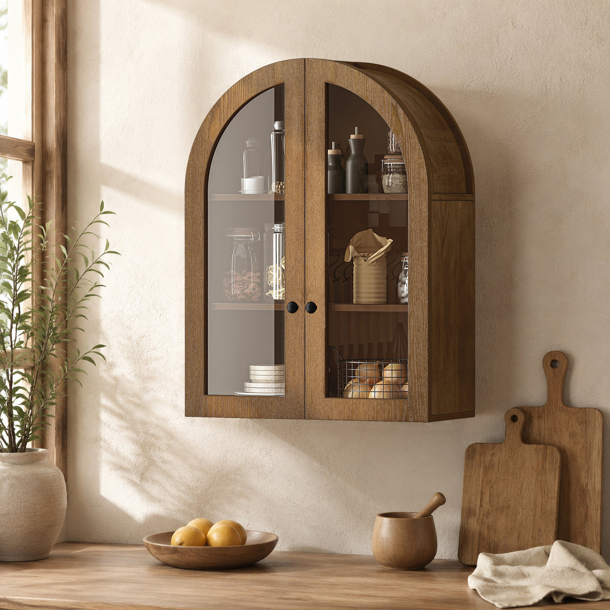 Walnut Brown Wood Veneer Wall Storage Cabinet with Tempered Glass