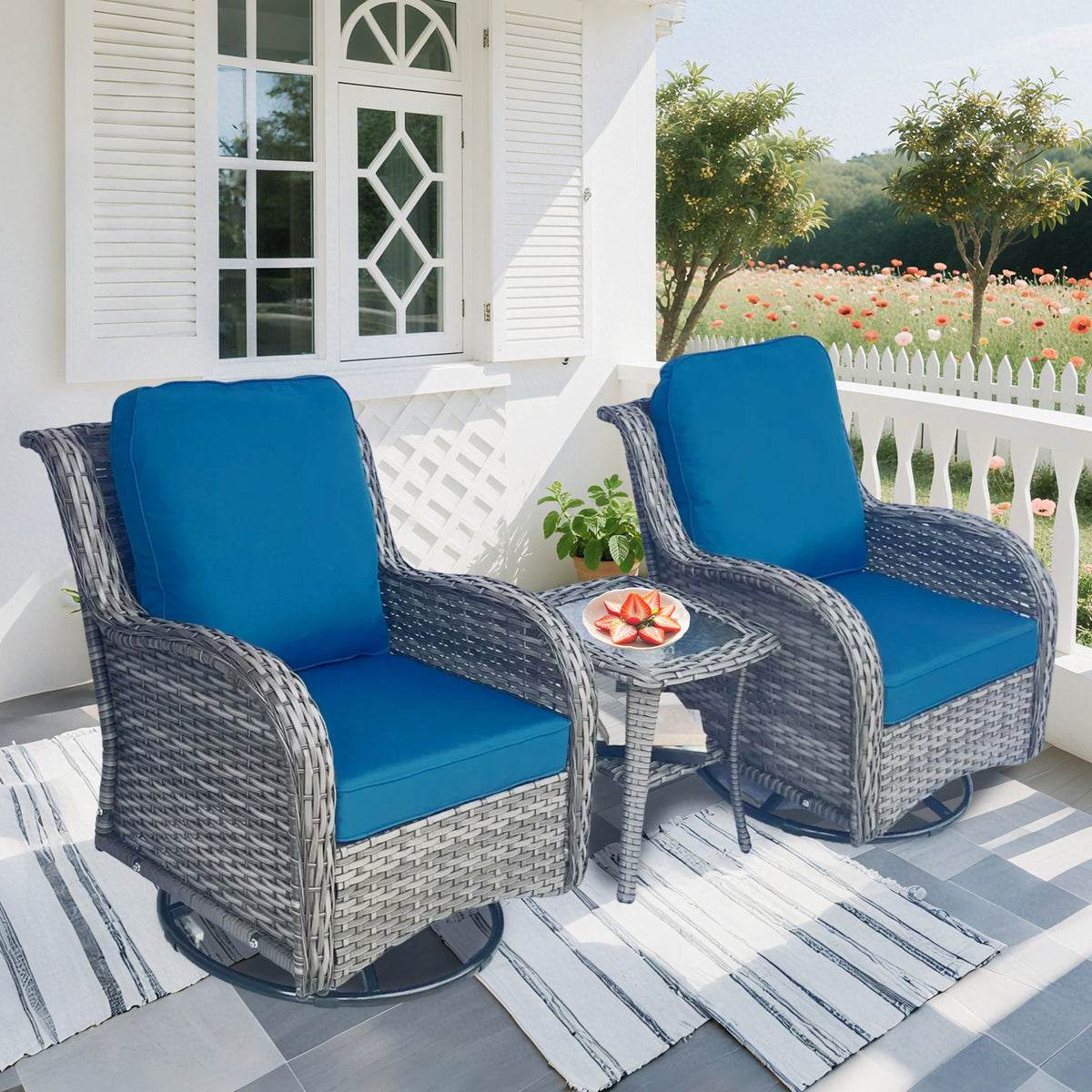 Blue+Grey Wicker Patio Furniture Set - 3 Piece Rattan Outdoor