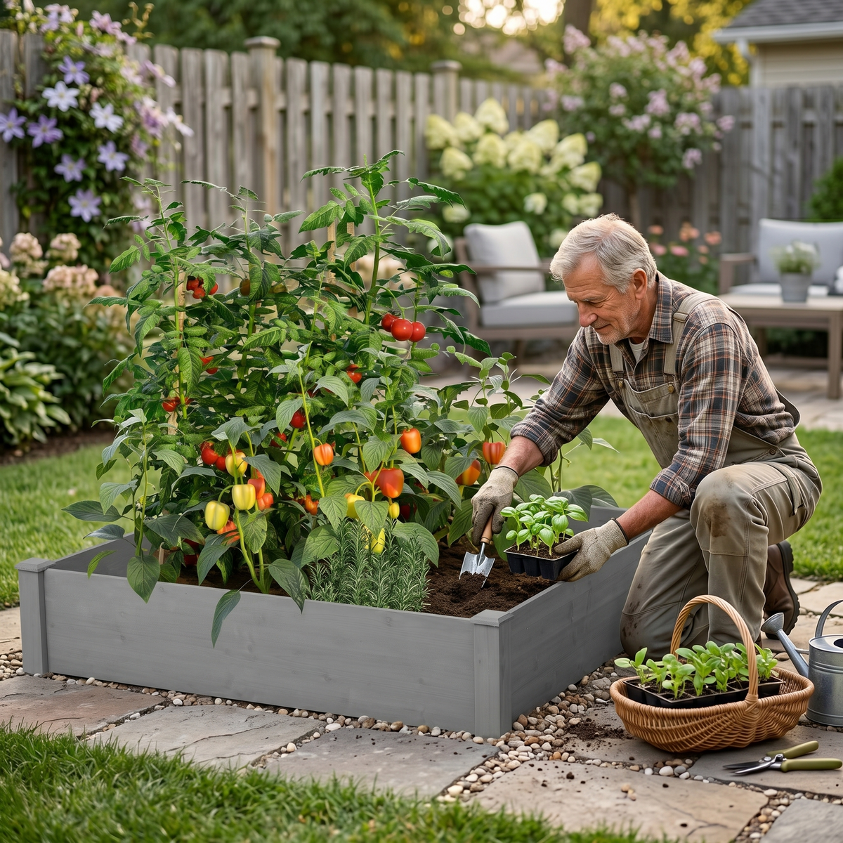 Gray Outdoor Wood Planter Box Over Floor