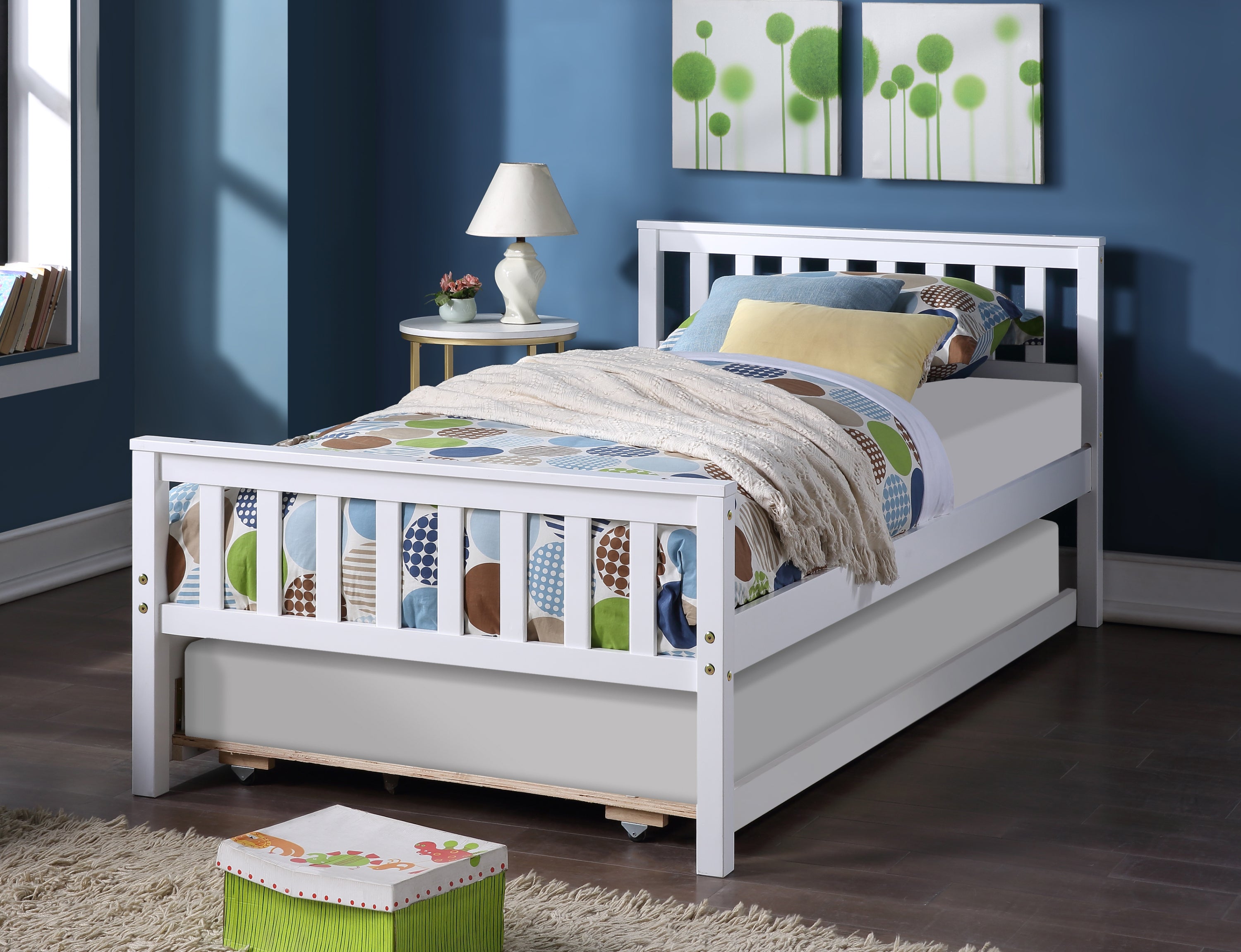 Twin Bed with Trundle, Platform Bed Frame with Headboard and Footboard, for Bedroom Small Living Space,No Box Spring Needed,White