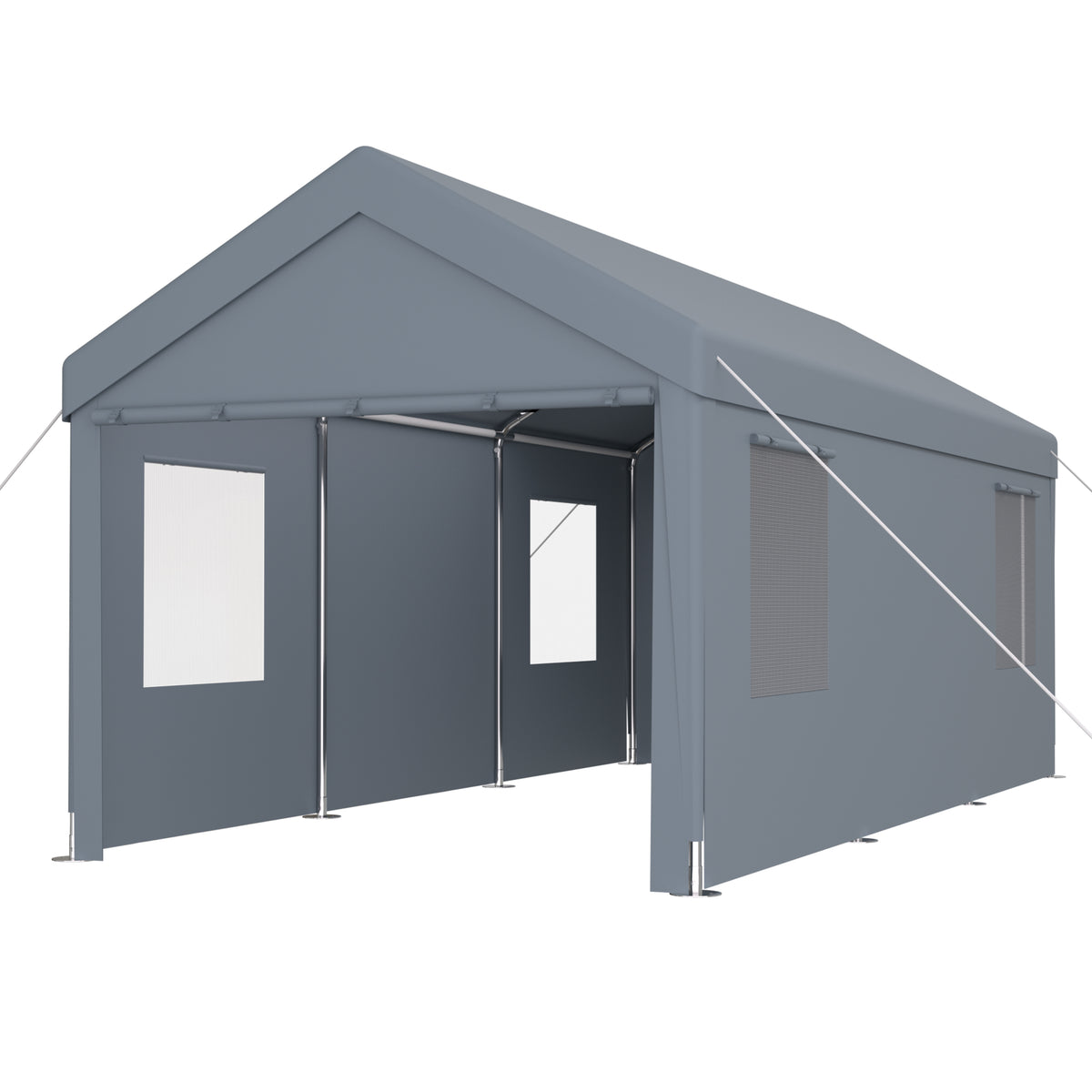Grey Heavy Duty Car Port Canopy with 2 Roll-up Doors & 4 Ventilated