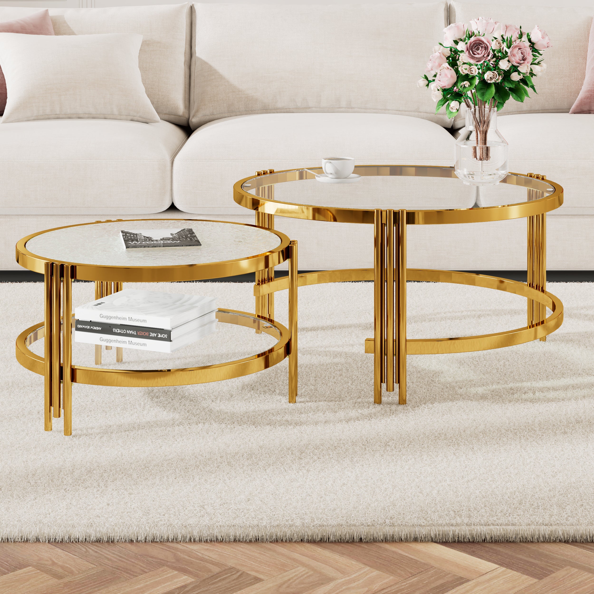 Modern 2 - Piece Gold Finish with Textured Glass Coffee Table Set, Nesting Coffee Table with Tempered Glass for Living Room, 32.75'