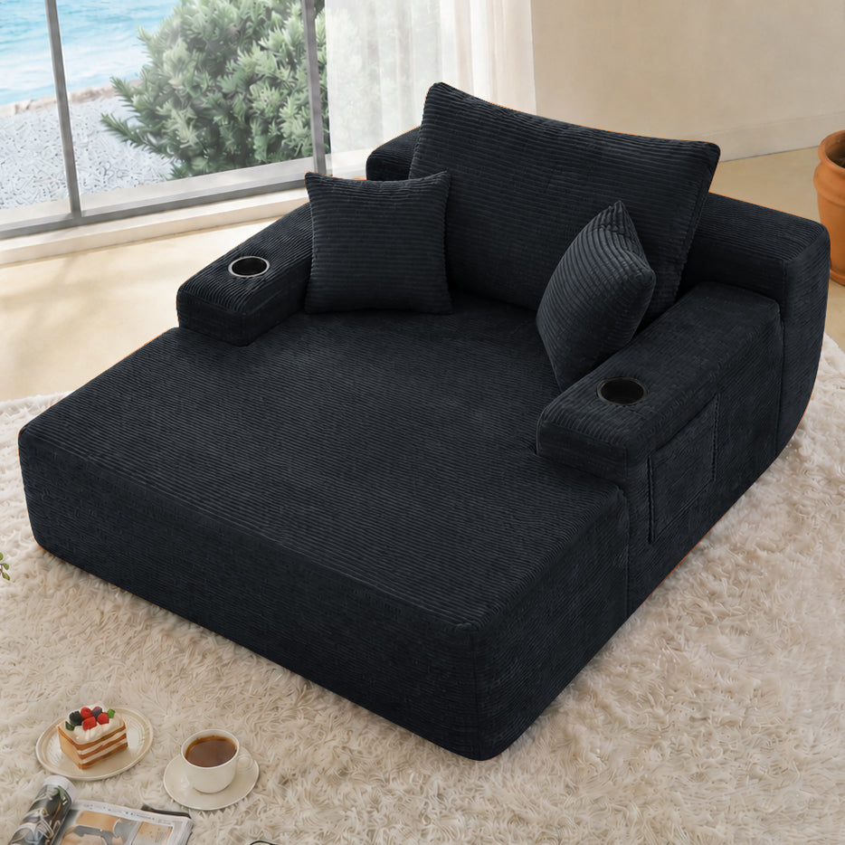 NEW Convertible Chaise Lounge Chair corduroy with Wide Armrest & Throw Pillows, Cozy Boneless Sleeper Sofa Bed Armchair, with cup holder,for Living Room, Bedroom, No Assembly Required,Black