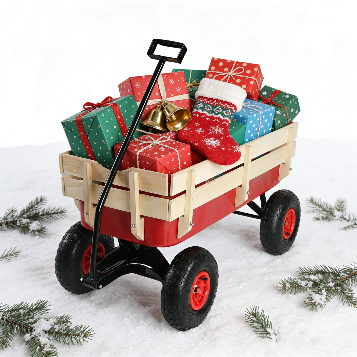 Red outdoor sport wagon tools cart wooden side panels air tires Wagon