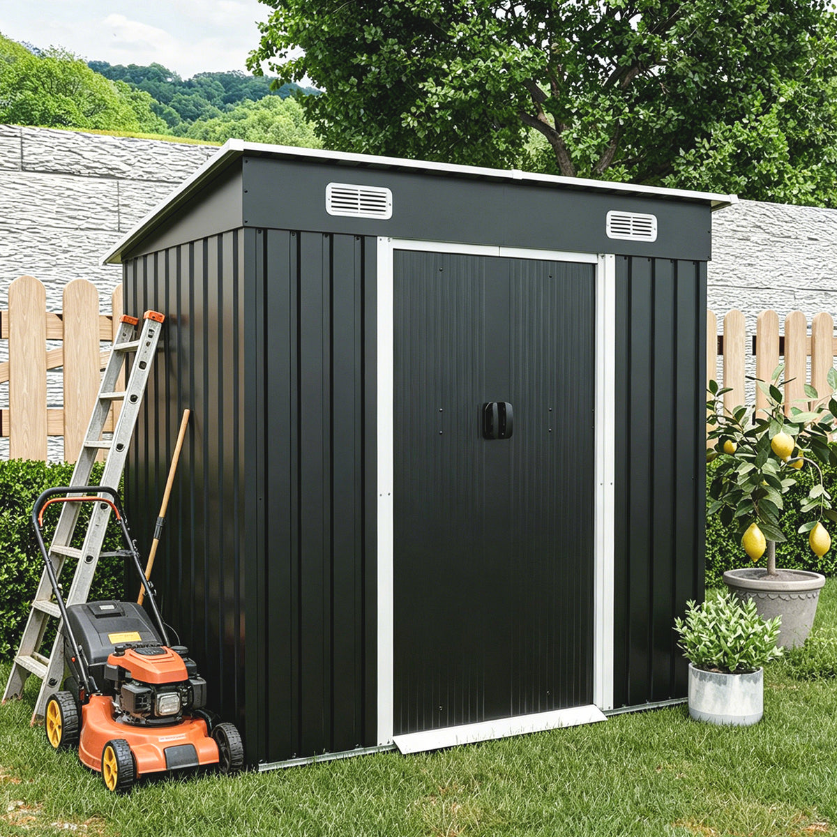 Black Sliding‑Door Outdoor Storage Building with Ventilation Vents &