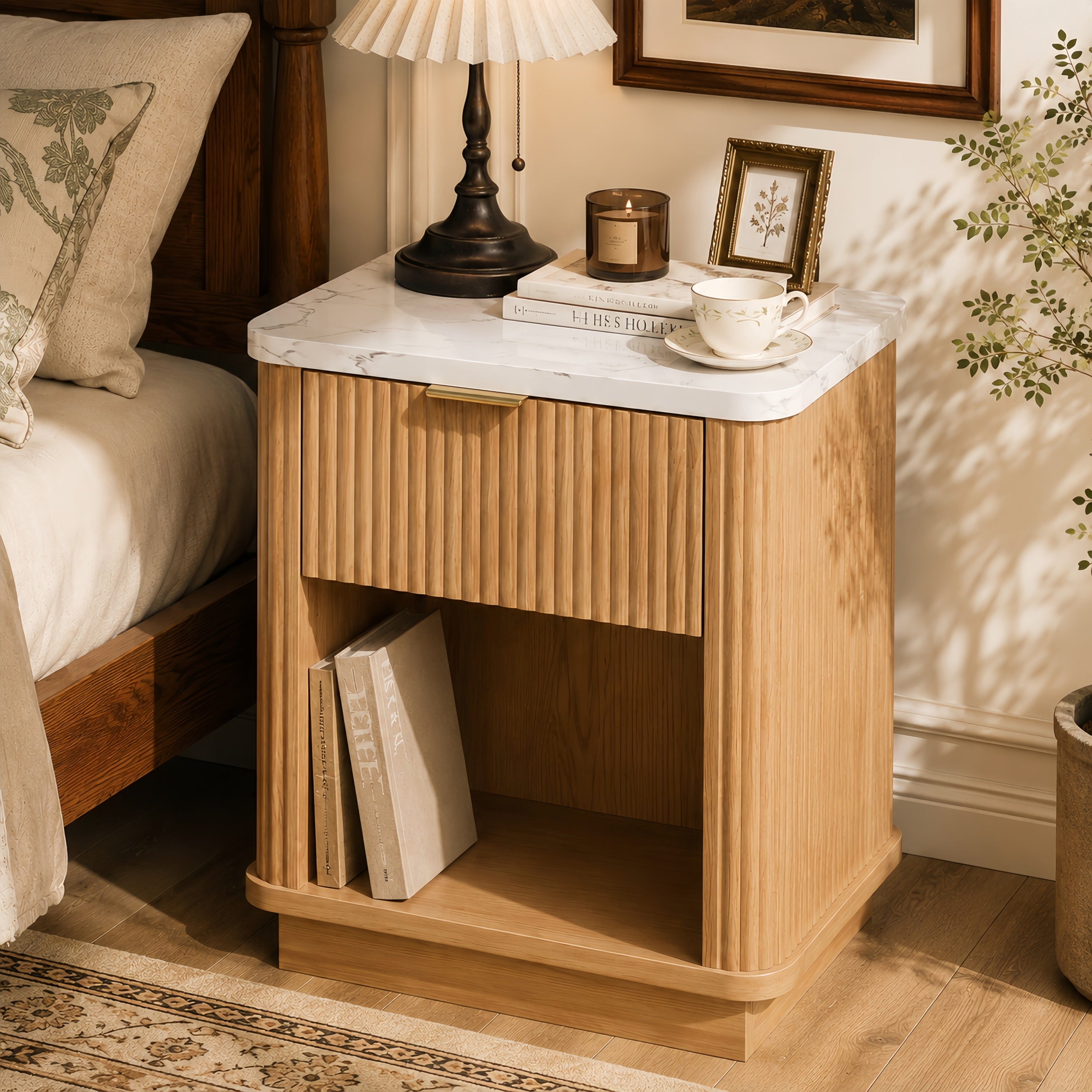 Natural Wood Finish Fluted Nightstand with Storage Drawer and Open Shelf, Faux Marble-Look Top, Gold-Tone Handle, Modern Bedside Table and End Table for Bedroom, Guest Room, Dorm and Living Room