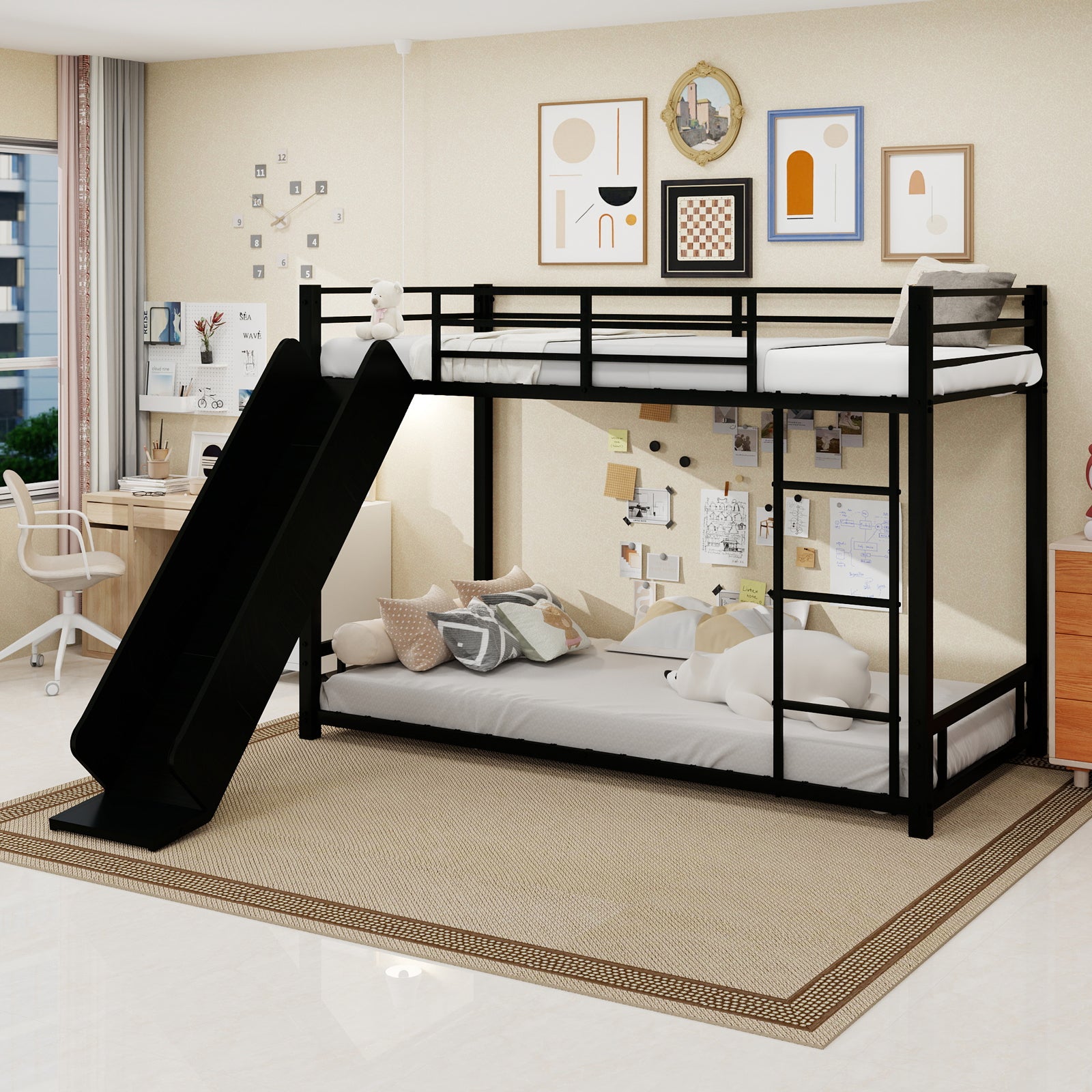Sturdy Metal Twin Bunk Bed with Slide - Space-Saving Design for Kids and Teens, Durable Frame for Play and Sleep, Easy Assembly, Available in Black