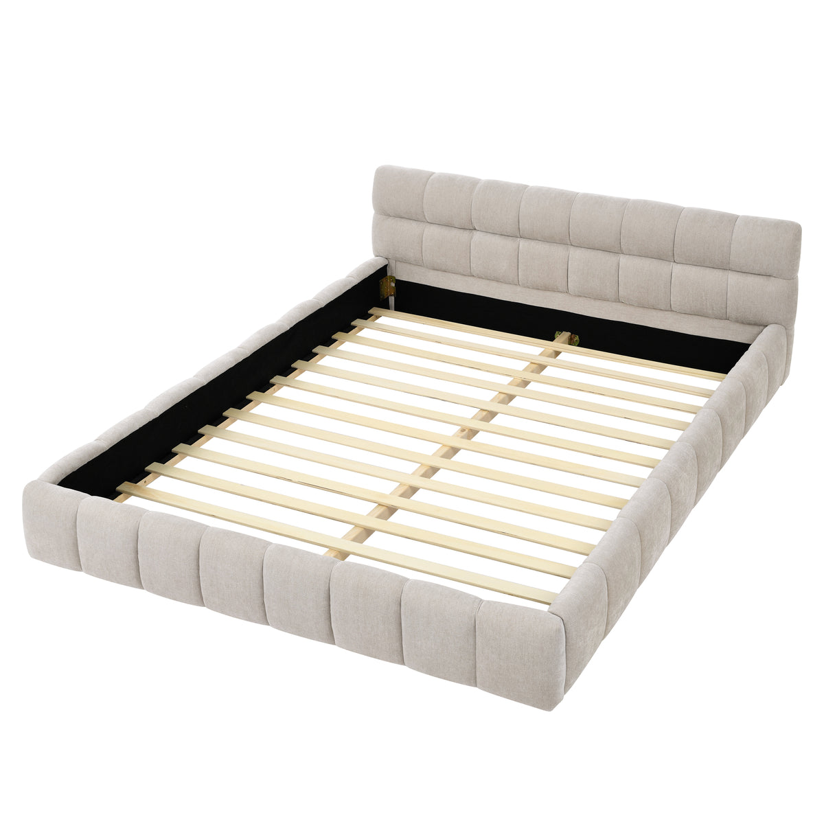 Beige Modern Queen Size Upholstered Bed Frame with Headboard