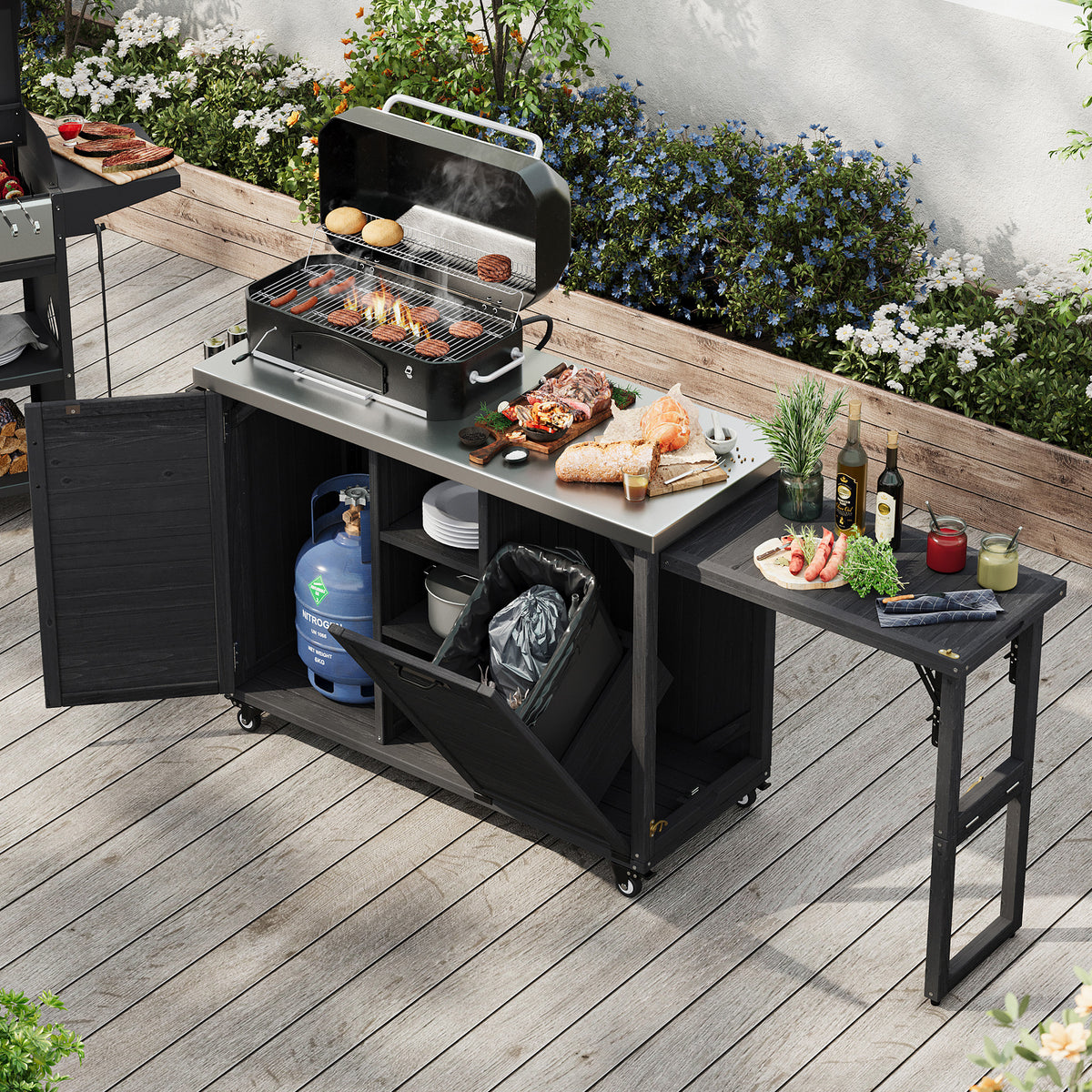 Black Wooden Outdoor Grill Cart with Trash Can Storage & Stainless