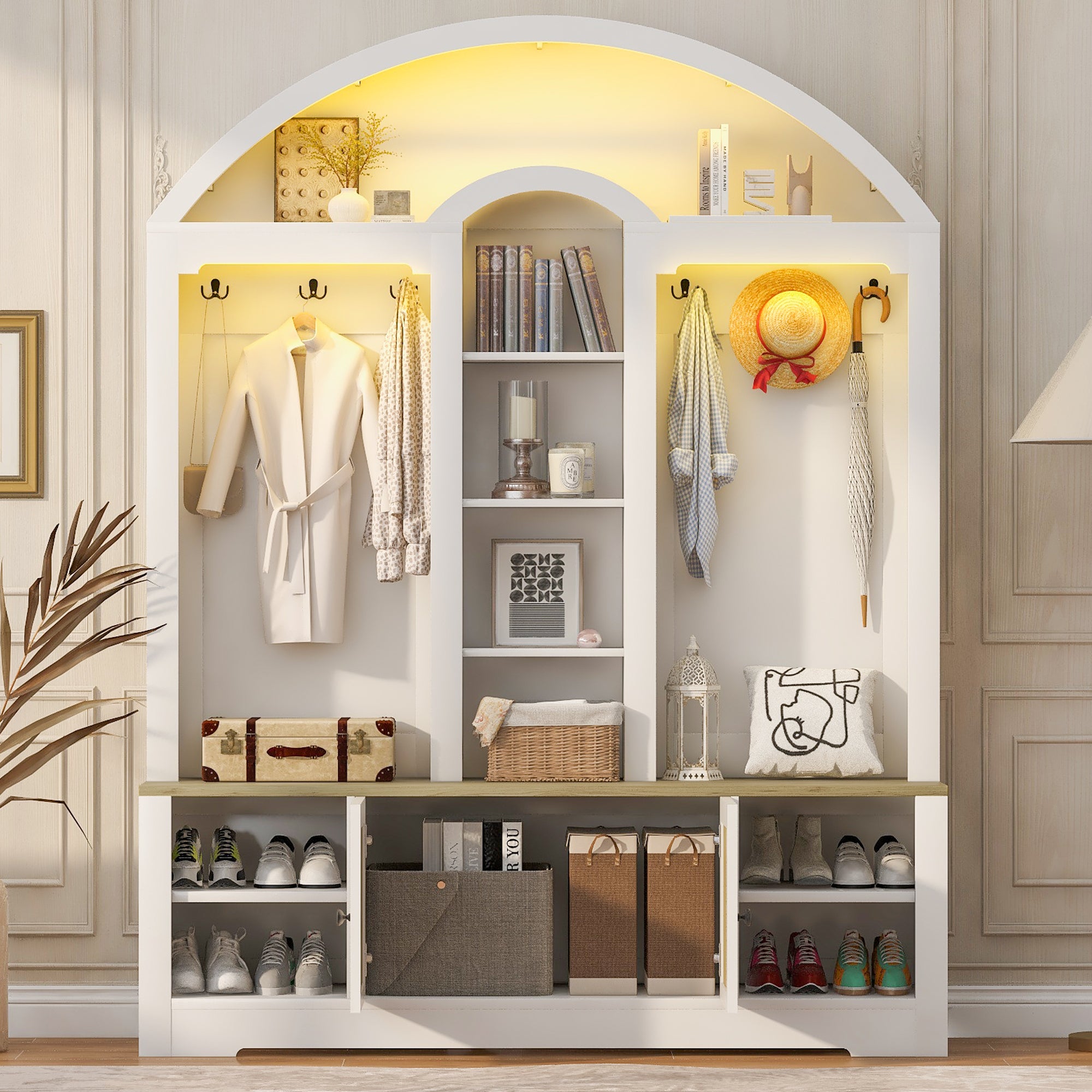 Multi-functional wardrobe/entrance wardrobe, equipped with shoe racks, clothes hangers and hooks. Wardrobe - A wardrobe is made of sturdy medium-density fiberboard with modern design and practical sto