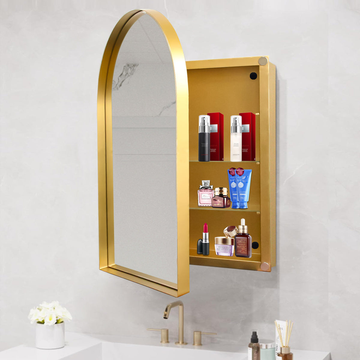 Gold Metal Framed Bathroom Wall Cabinet with Mirror and Adjustable