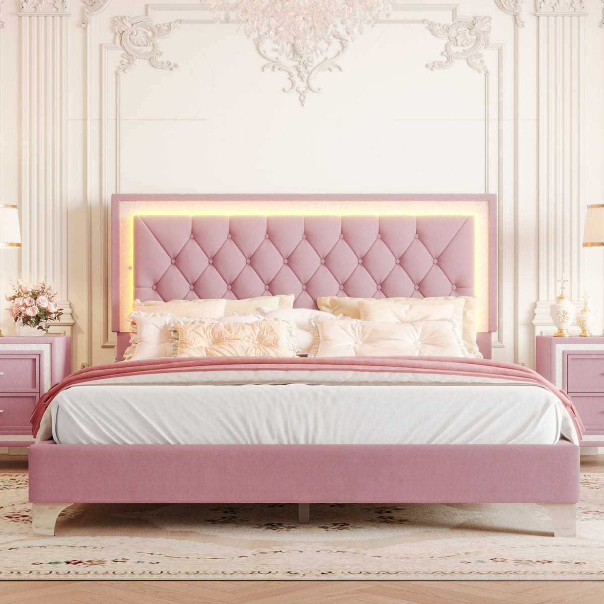 Pink Queen Size Upholstered Bed Frame with LED Lights