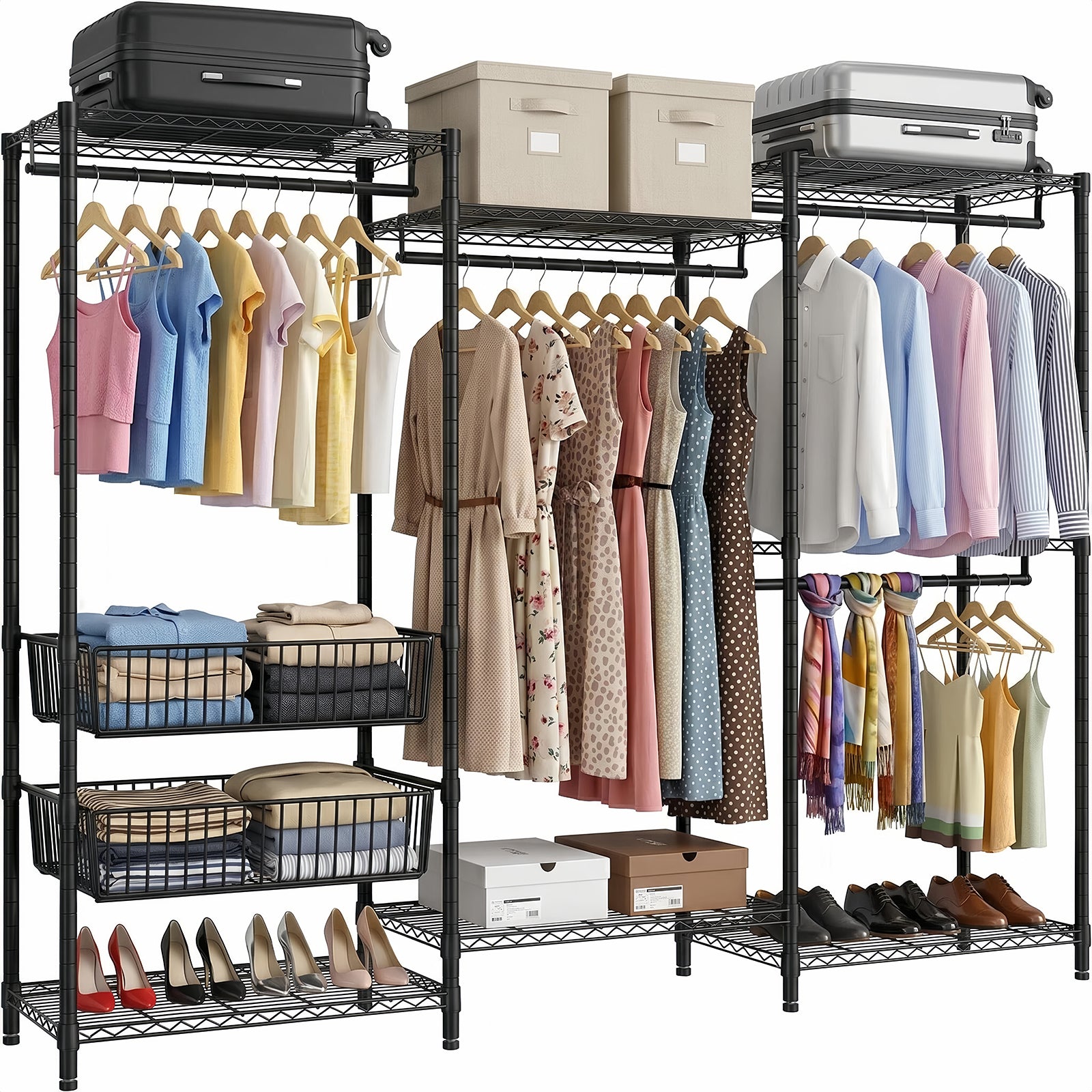Heavy Duty Clothes Rack, Freestanding Garment Rack with 4 Hanging Rods & 2 Wire Baskets, Large Size Clothing Rack with Adjustable Wire Shelves, 68.5' W x 17.1' D x 76.4' H, Black
