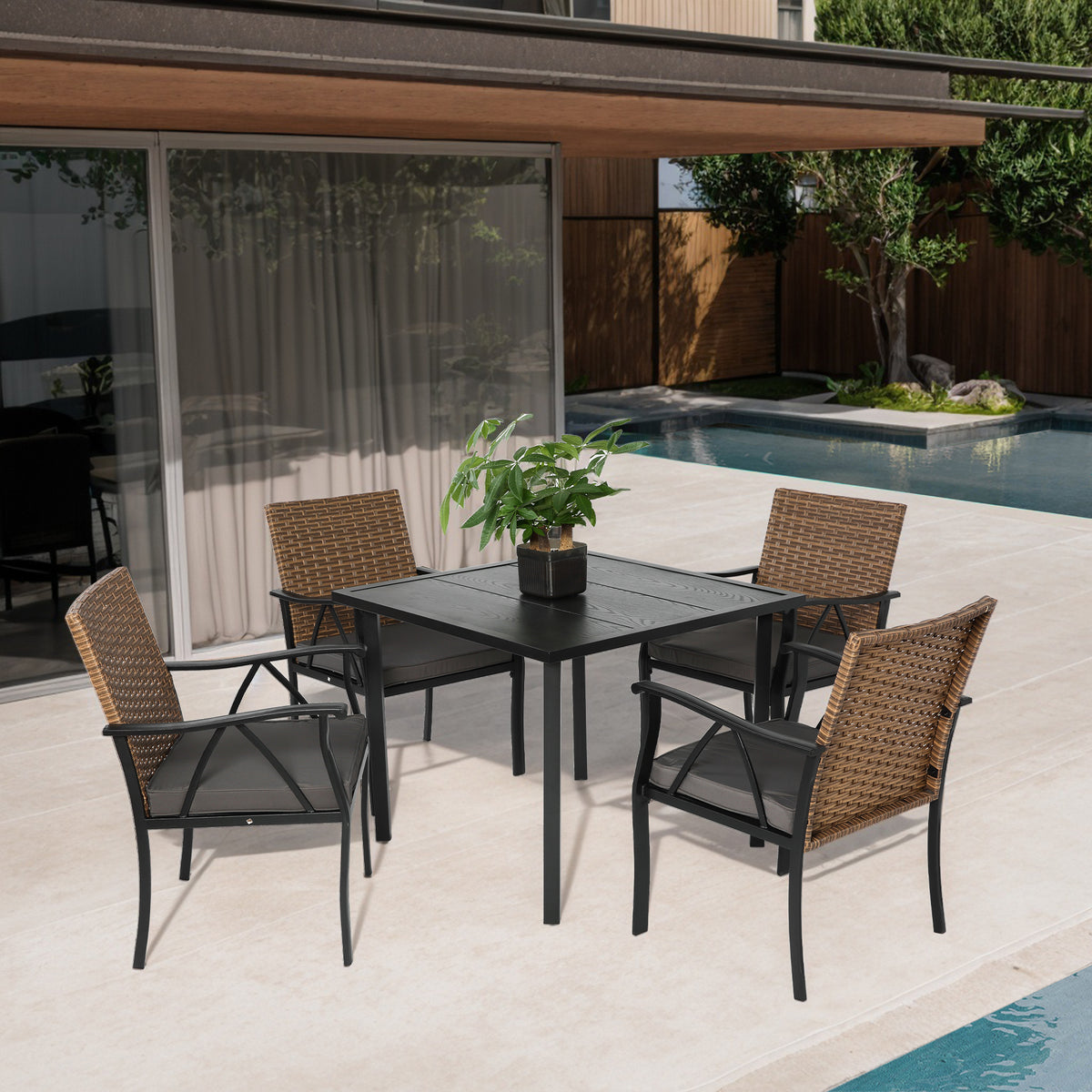 Brown+Gray Patio Dining Set w/Square steel Tabletop and Umbrella Hole