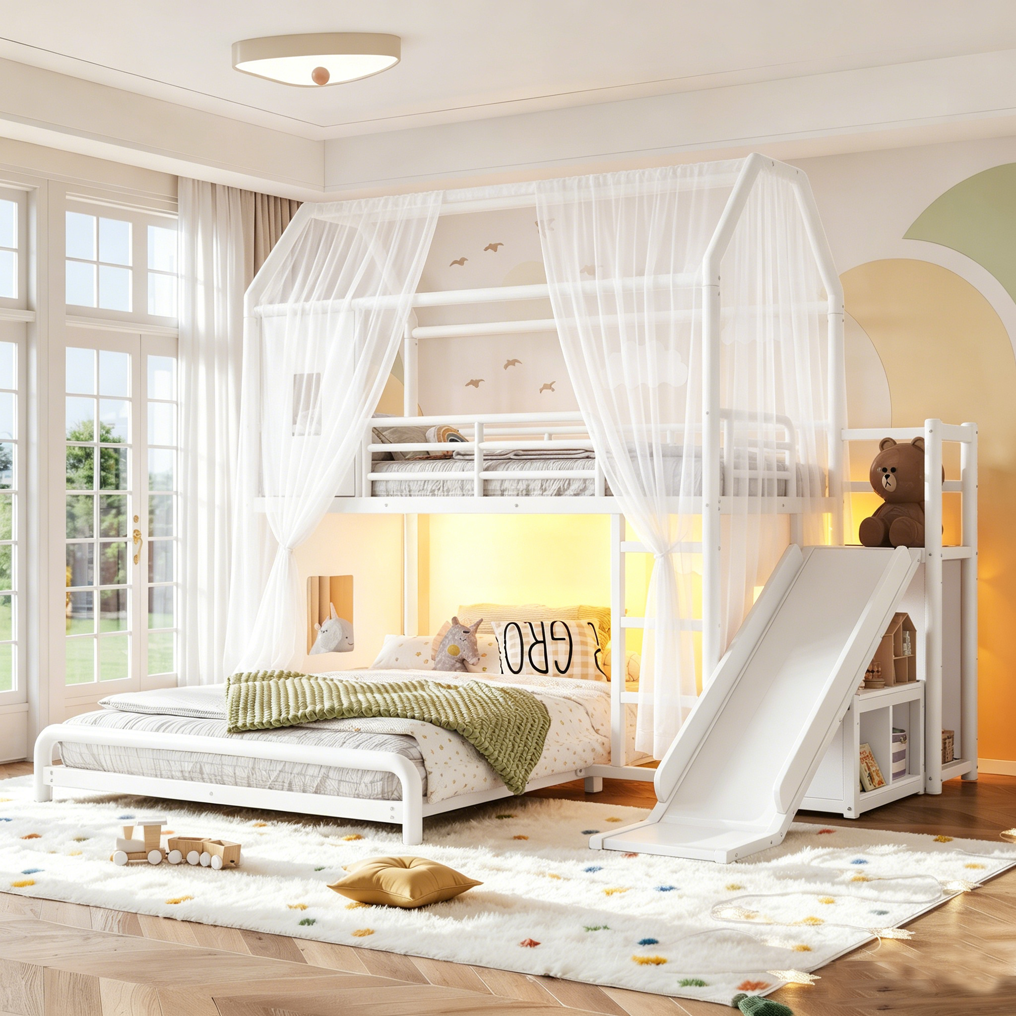 Twin over Full Playhouse Metal Bunk Bed with Slide & Ladder, House Shaped Bunk Bed with LED Light Strip, Privacy Curtain, Movable Storage Cabinet and Hanging Rod, Twin over Full Kids Bunk bed .White