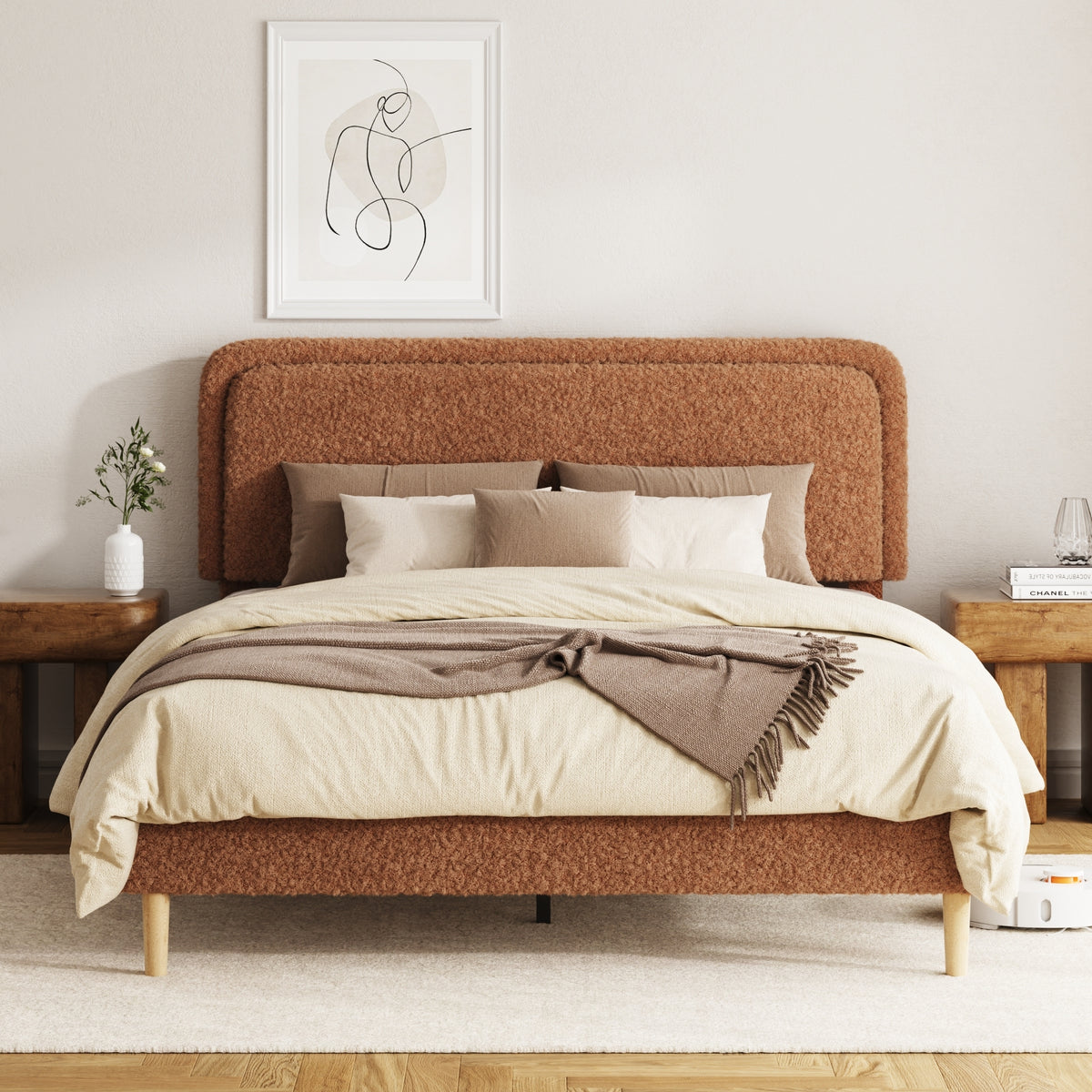 Brown Plush Upholstered Platform Bed with Height-Adjustable Headboard