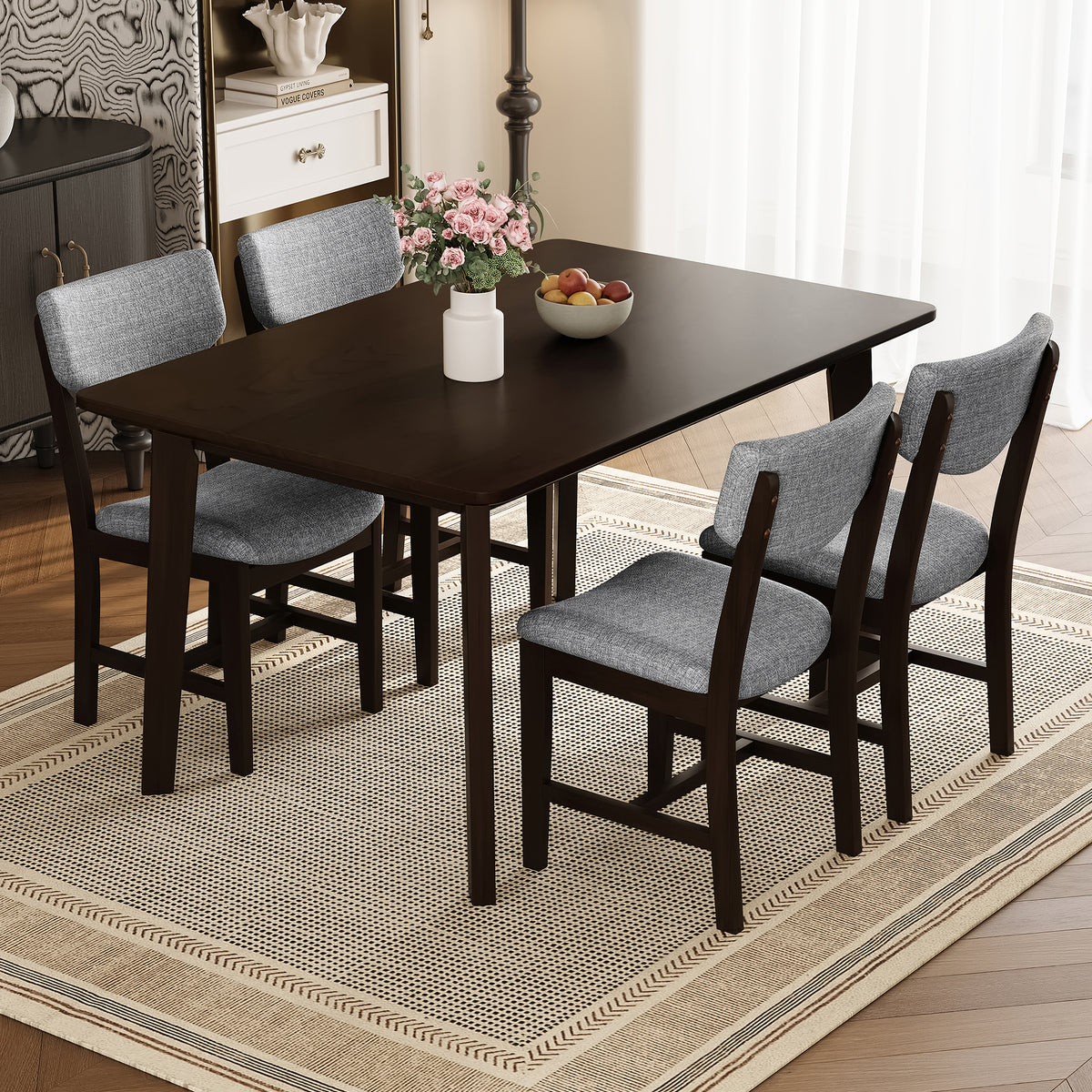 Espresso Rustic 5-Piece Dining Set - 1 Solid Wood Table + 4