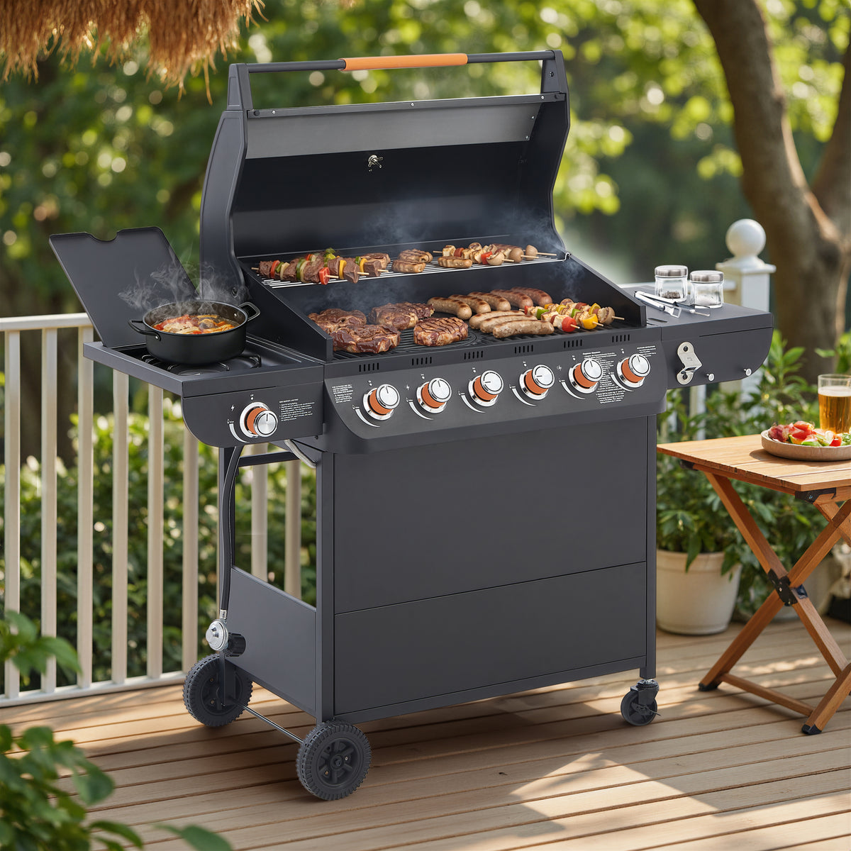 Black 6 Burner BBQ Propane Gas Grill with Side Burner 72000 BTU