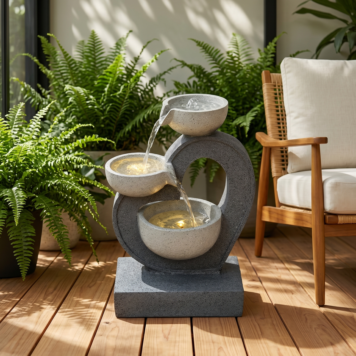Grey Modern 3-Tier Bowl Fountain with Warm LED Lights