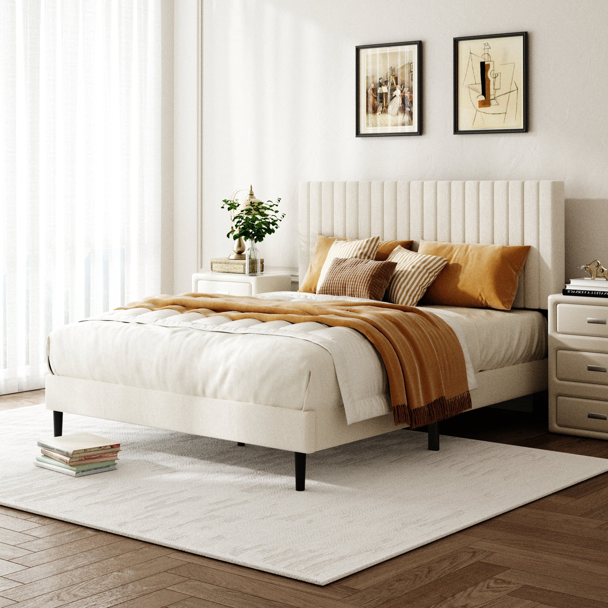 Beige Velvet Upholstered Platform Bed with Height-Adjustable Headboard