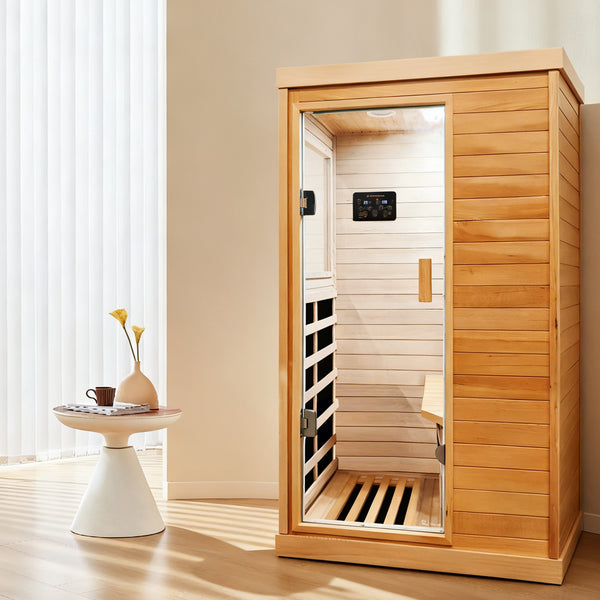 Infrared Sauna Room Single Room with Hemlock Wood Frame, Natural Finish, 6 Heating Plates, Built-in Lights and Bluetooth Audio