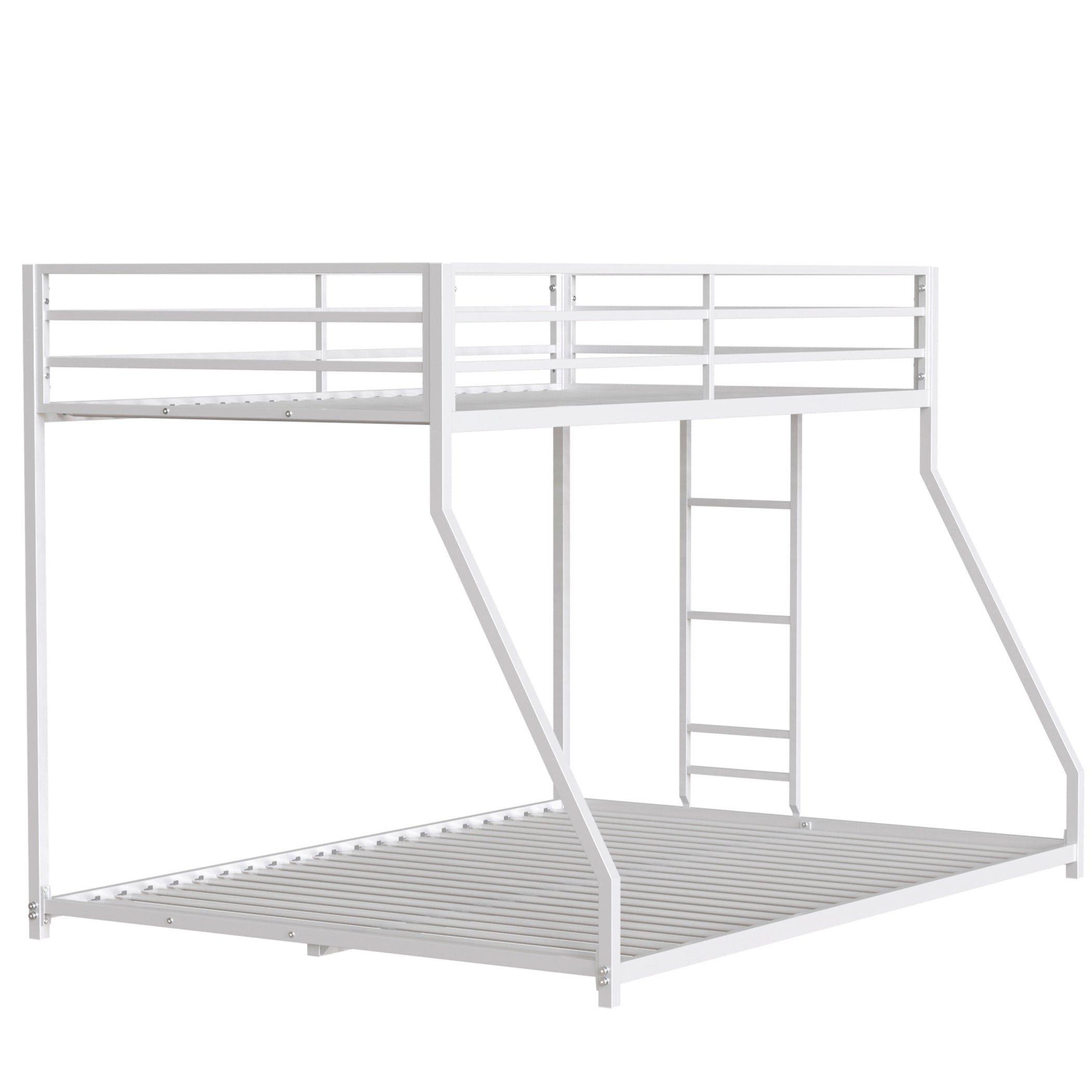 Adam Sturdy Twin Over Full Bunk Bed Metal White for Kids and Adult, Low Profile Twin Over Full Bunk Bed with Ladder and Guardrails, Easy Climbing, Beds for Bedroom