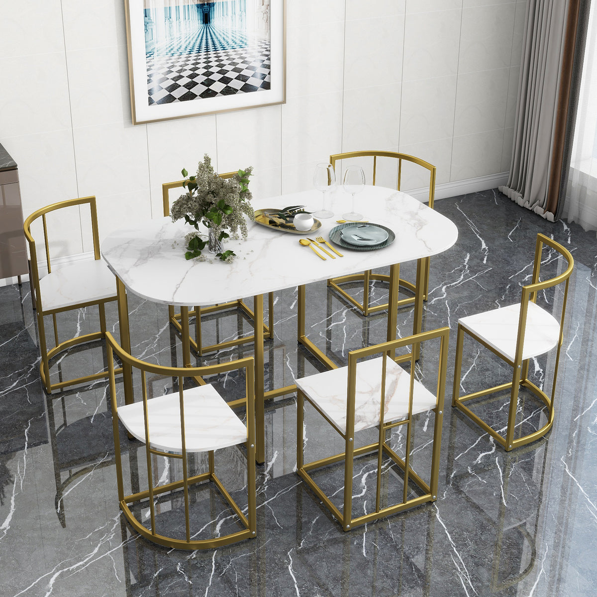 Golden+White TOPMAX Modern 7-Piece Dining Table Set with Faux Marble