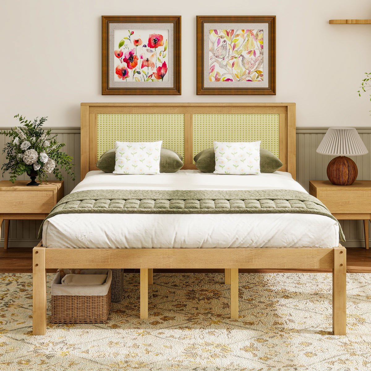 Natural Queen Solid Wood Platform Bed with Rattan Headboard
