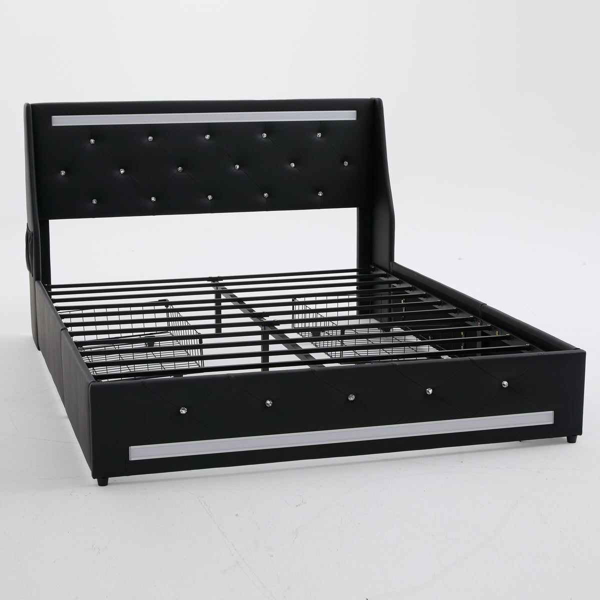 Black Modern Queen Size Bed Frame with Upholstered Wingback Diamond