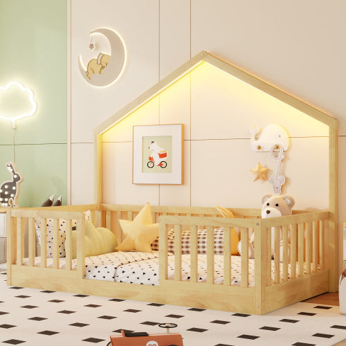 Twin Floor Bed with High Rails, Wooden Montessori Bed with Light for Kids, Boys and Girls,Natural (Old SKUW2593P440601 Expect Arrival Date 2026/6/30)