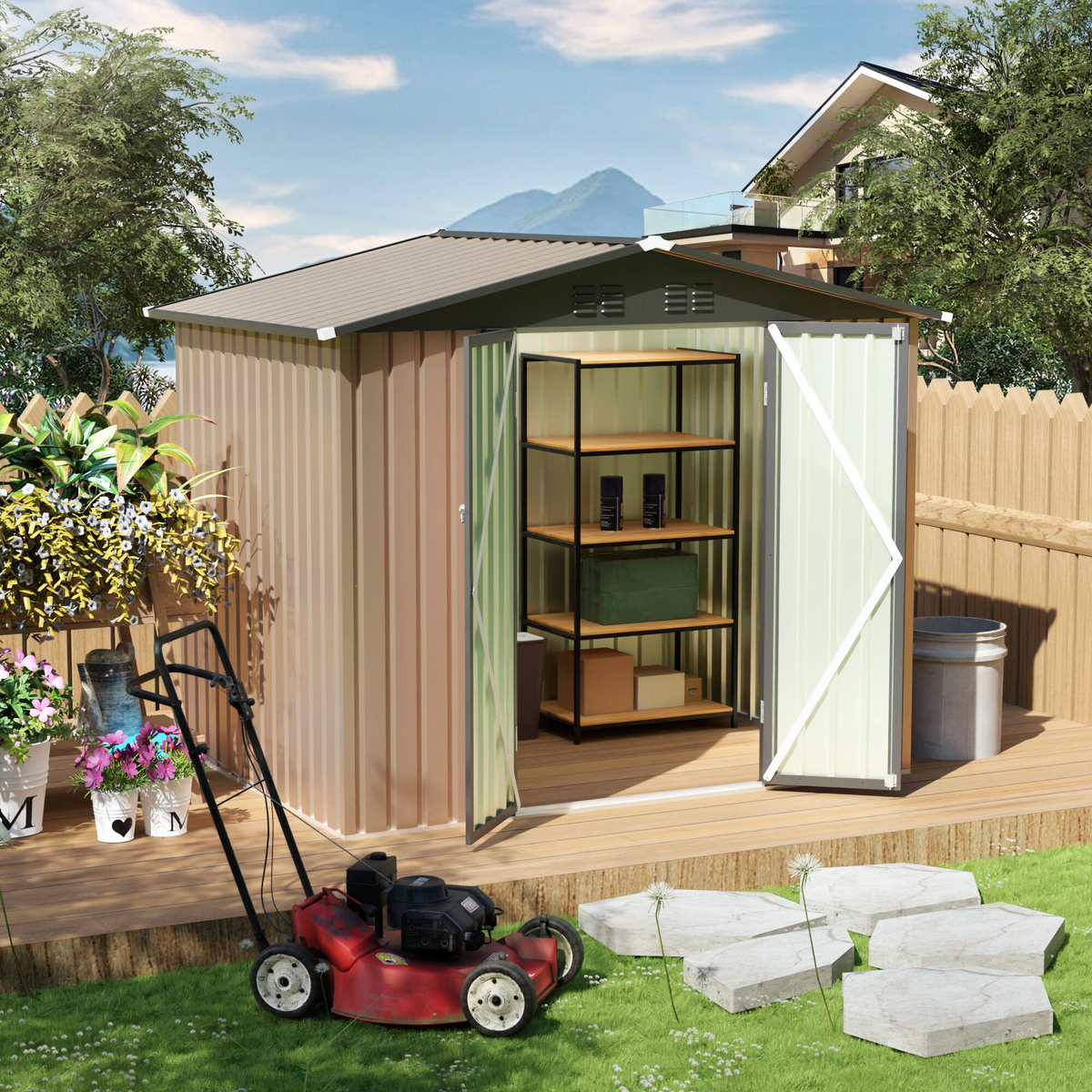 Brown 8FT x 6FT garden shed with Apex Roof for patio backyard use