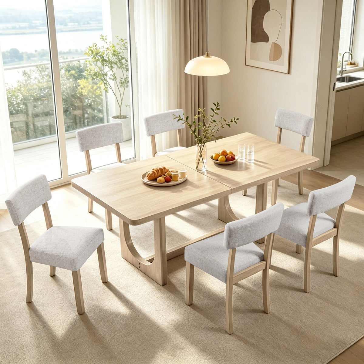 Light Oak 68 Inch Light Oak Rectangular Table with 6 Ergonomic Linen