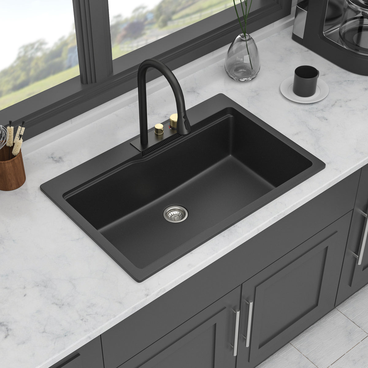 Drop In Waterfall Kitchen Sink - 33' x 22' x 10' Black Composite Granite Quartz Single Bowl Workstation kitchen sink with Pull-Out Faucet
