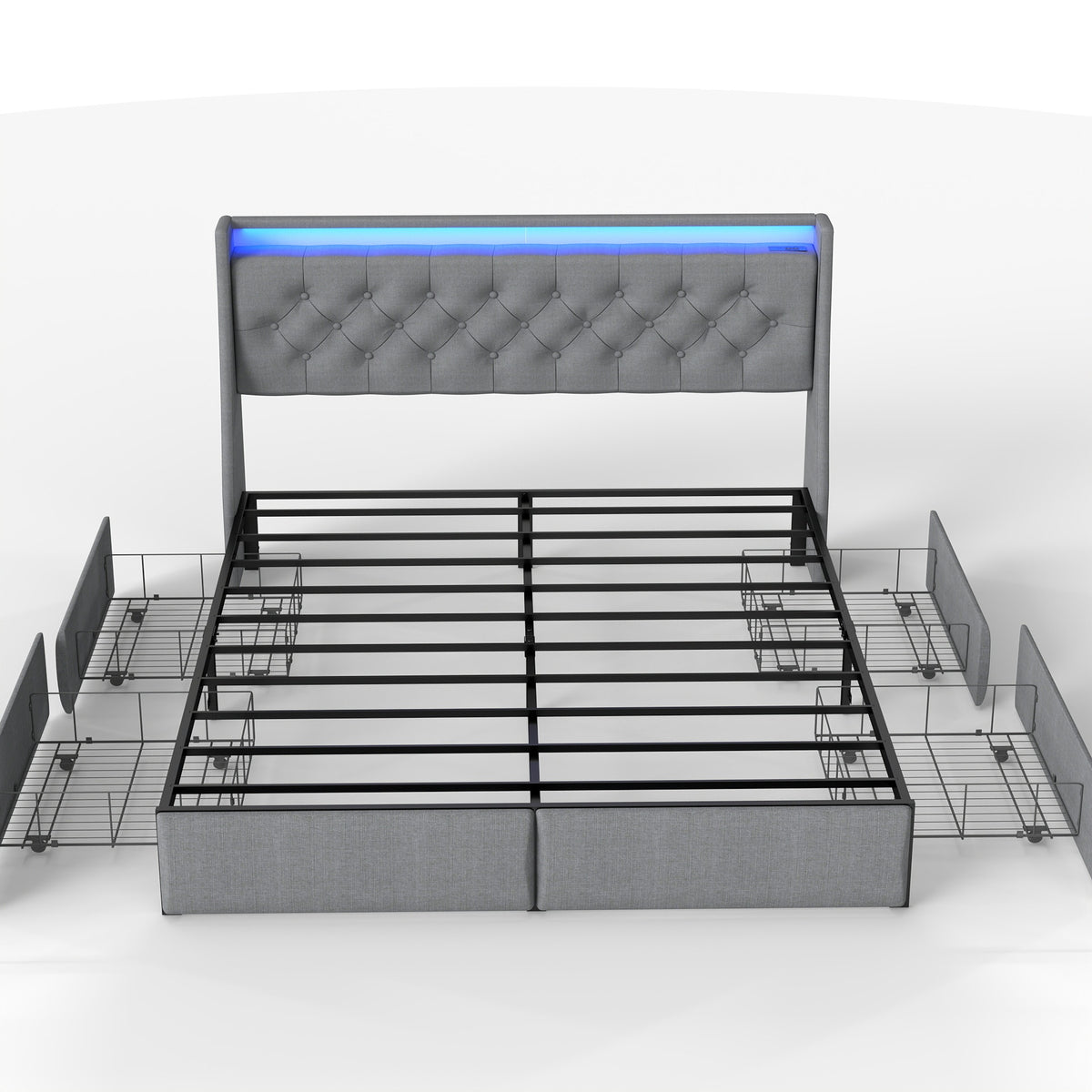 Grey Upholstered Platform Bed Frame with RGB LED Lights