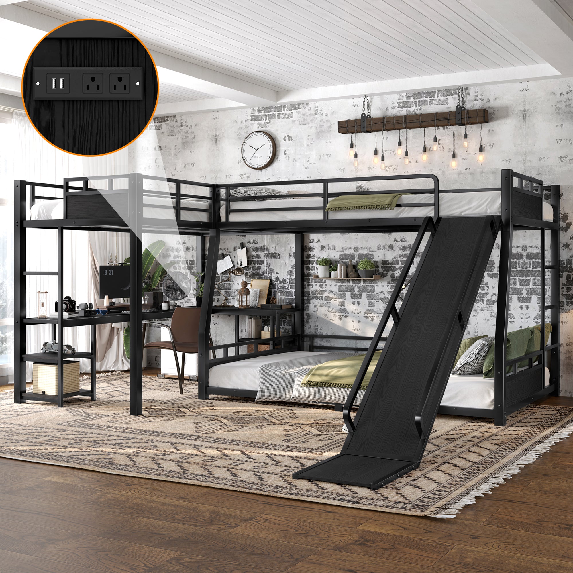 L-Shaped Metal Bunk Bed (Top bed:Full/FullXL, bottom bed: Queen) with Twin XL Loft Bed, Desk, and Storage Shelves,USB Charging Port Included - Metal Triple Bunk Bed with Slide,Black