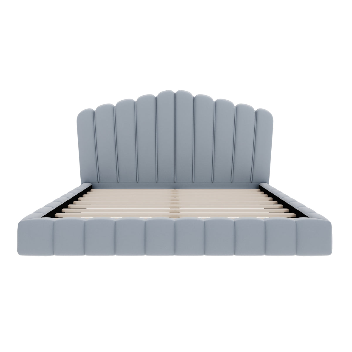 Light Blue Velvet Upholstered Queen Bed Frame with Shell-Shaped