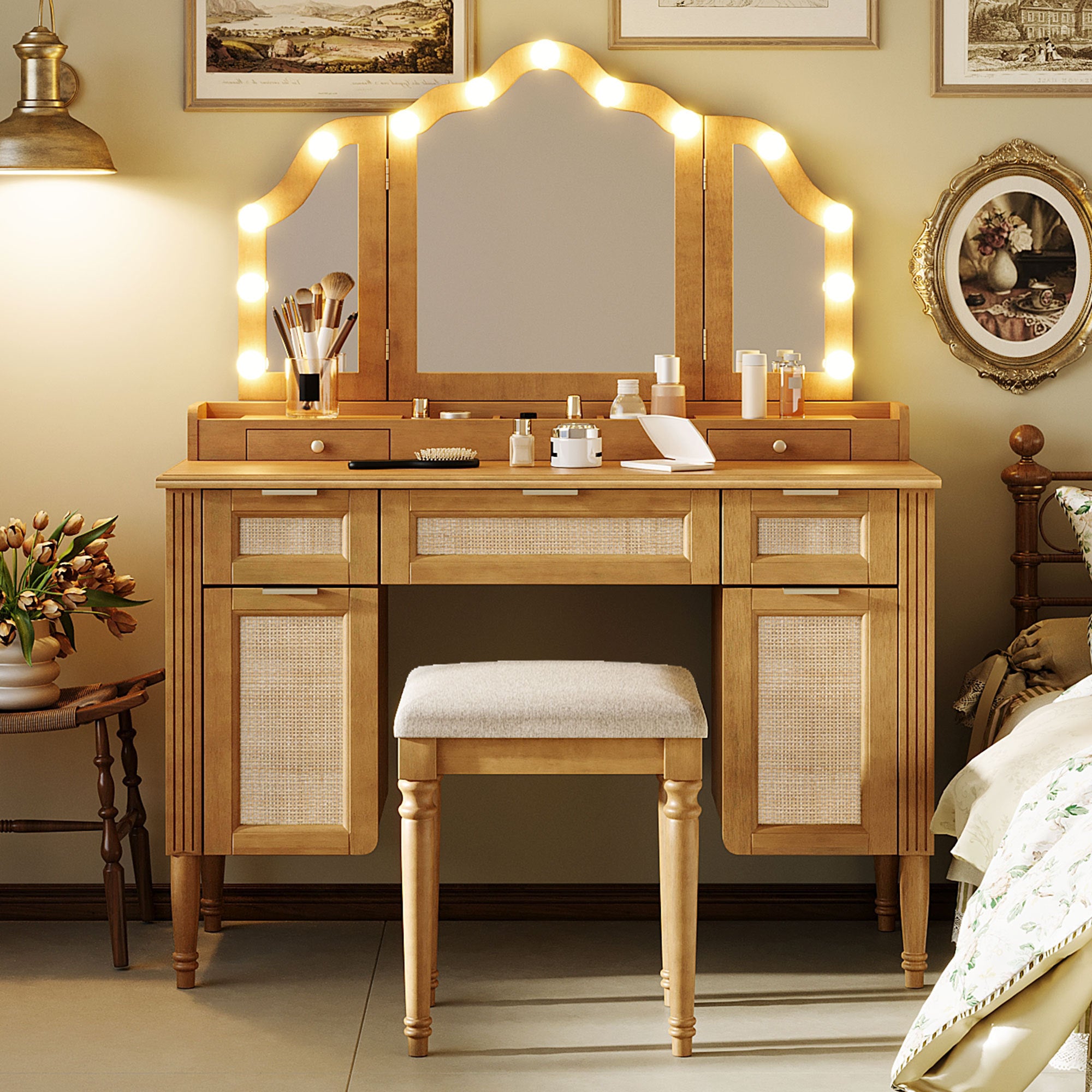 44.37' Makeup Vanity Desk with Stool Set, 13 Hollywood Bulbs & 3 Lighting Modes Dressing Table, Tri-Fold Mirror Large Vanity Table with Cushioned Stool, Charging Station, Ample Storage, Natural