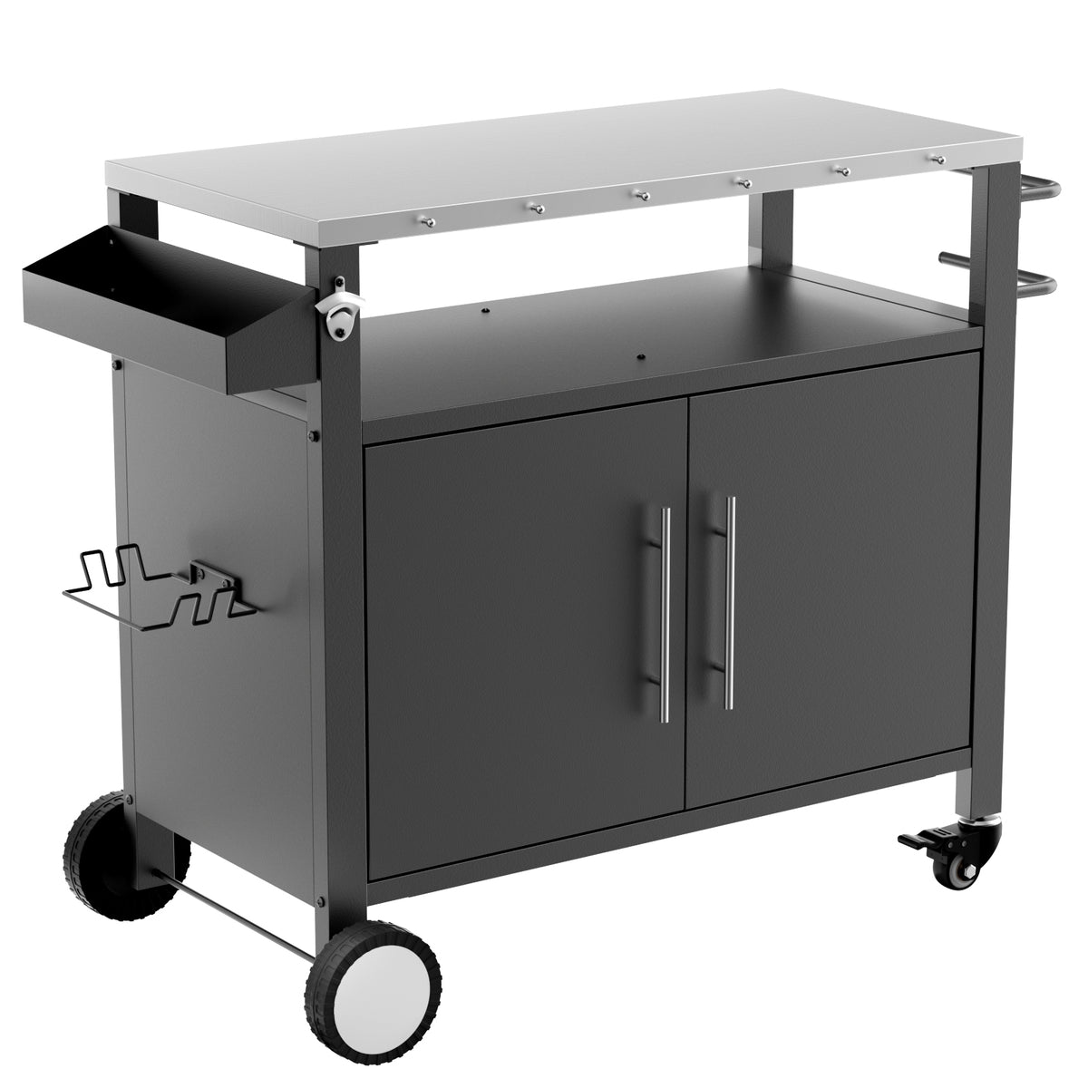 Black+Silver Outdoor Grill Cart with Two Doors and Patio Furniture