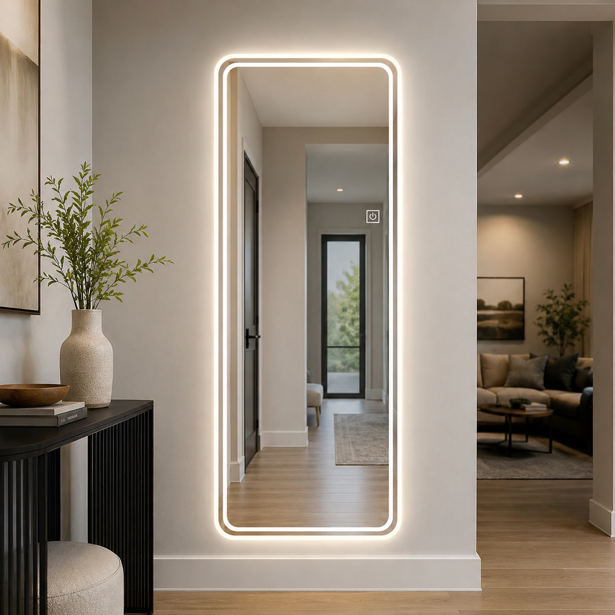 Silver Wall Mounted Lighted Body Mirror with Dual Frosted Light Bands