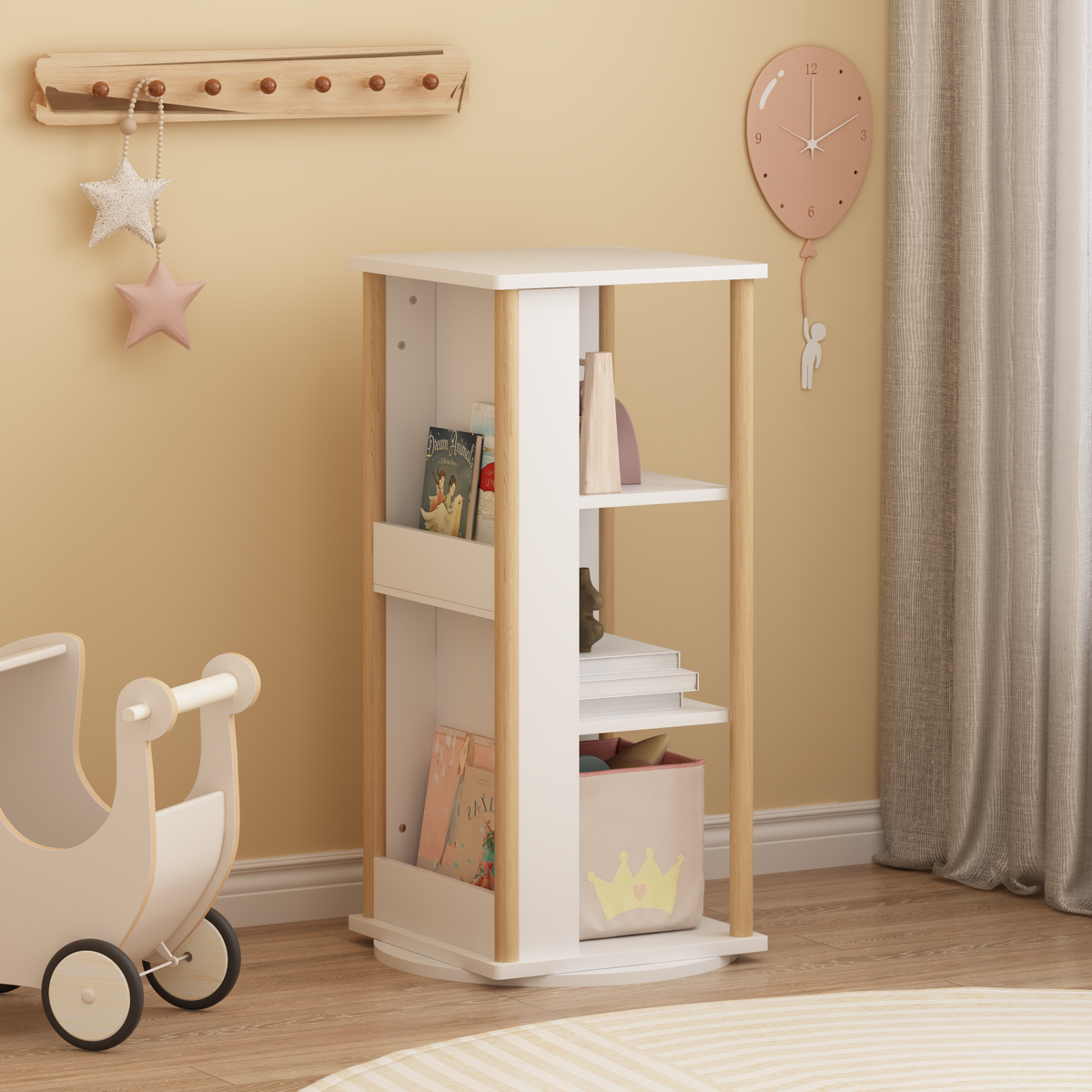 White 3-Tier Wood Floor Revolving Bookcase & Toy Storage Organizer
