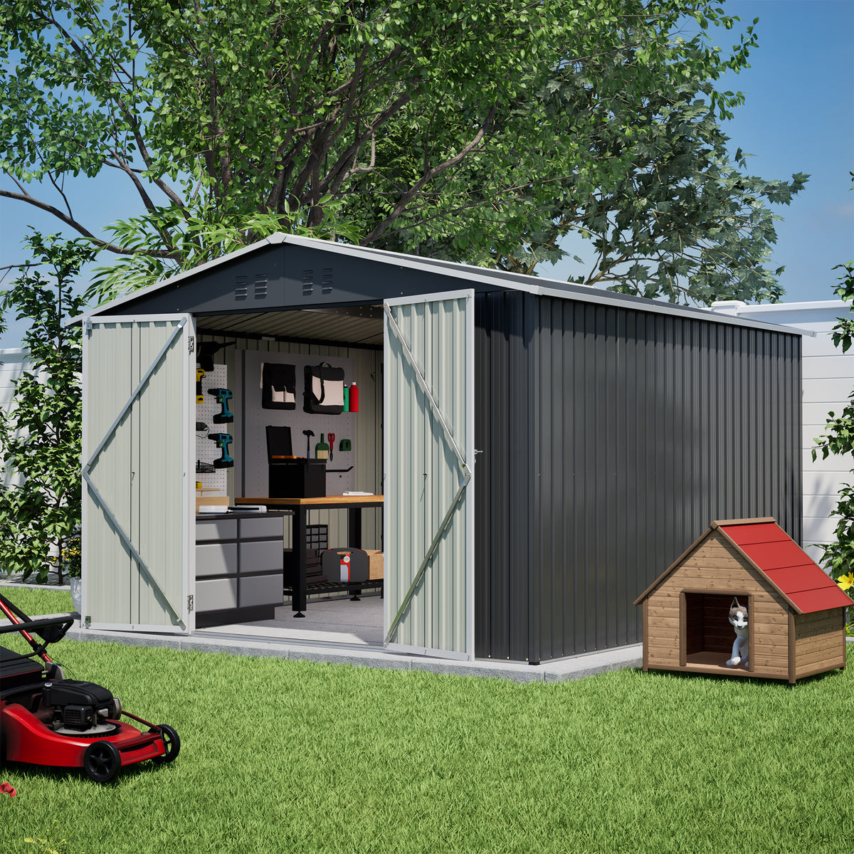 Black 10x10 FT Large Outdoor Metal Storage Shed - Updated Heavy-Duty