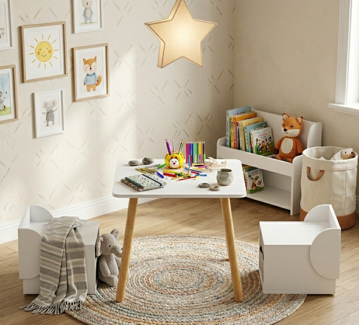 White+Natural 3-Piece Toddler Activity Play Table for Arts & Crafts